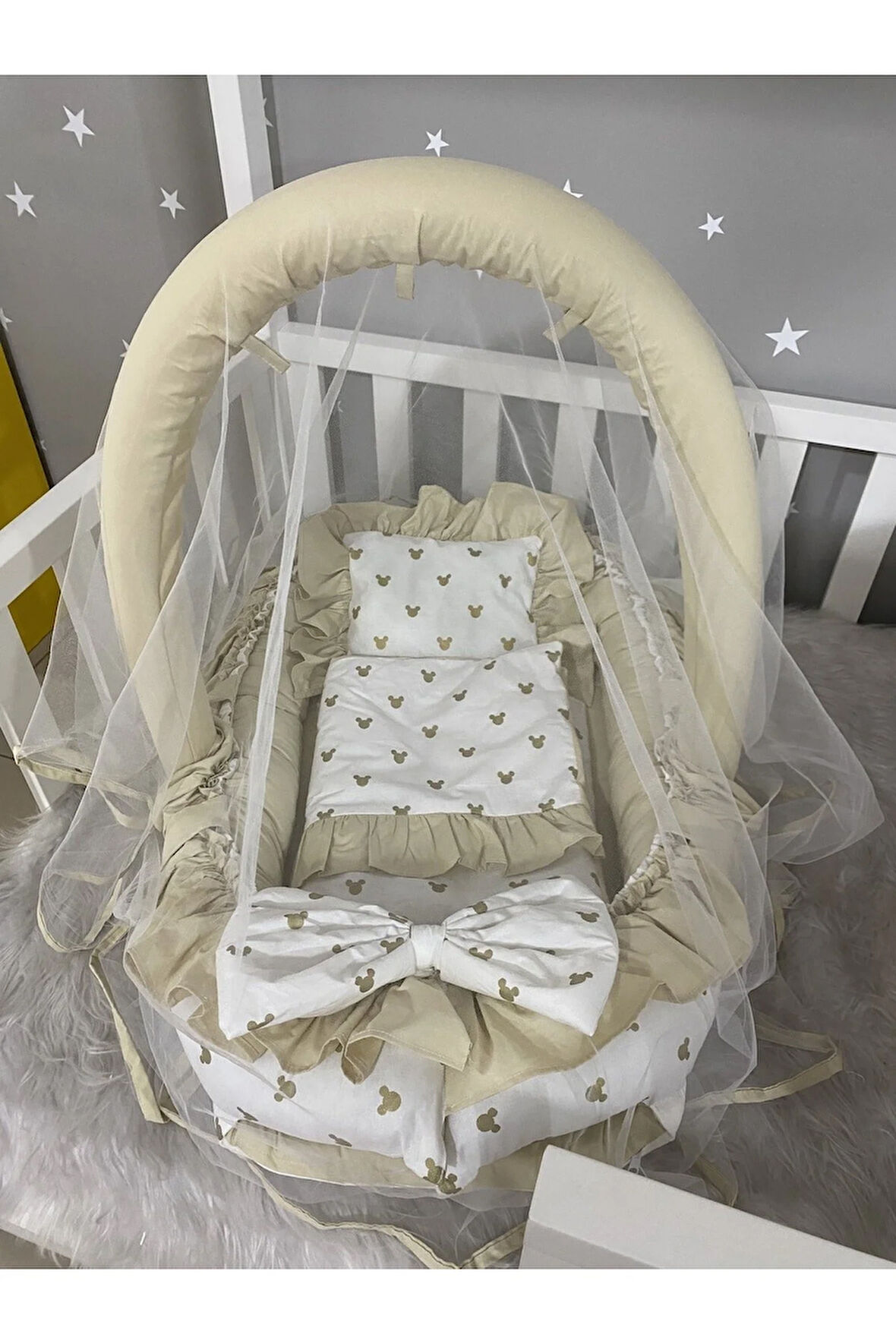 Gold Mickey Kombineli Cibinlik Ve Oyuncak Askılı Lüx Tasarım Fırfırlı Babynest Set