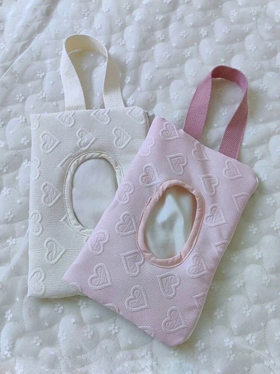 Pembe Kalp Desenli  Kumaş Islak Mendil Çantası