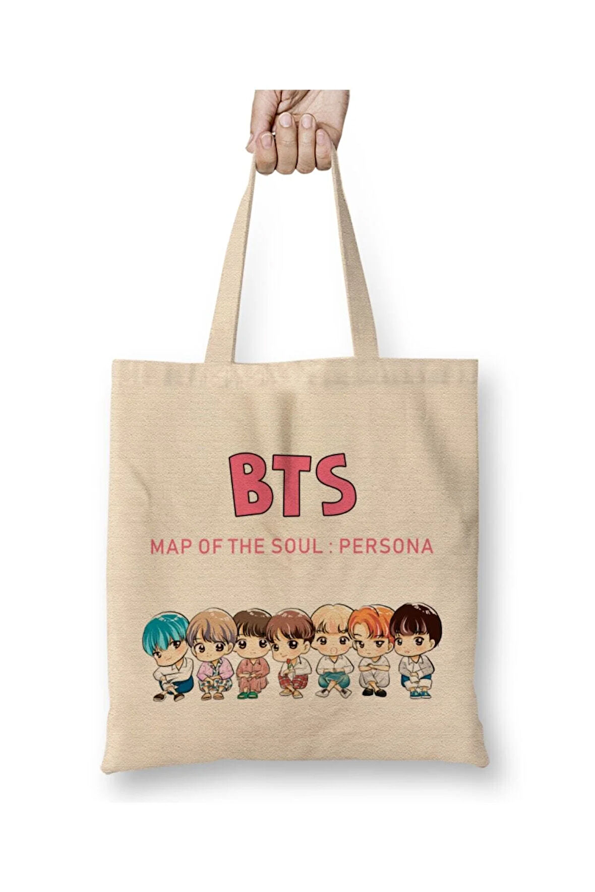 Kpop Bts Chibi Map Of The Soul Persona Beyaz Bez Çanta Uzun Saplı Alışveriş Çantası Plaj Çantası