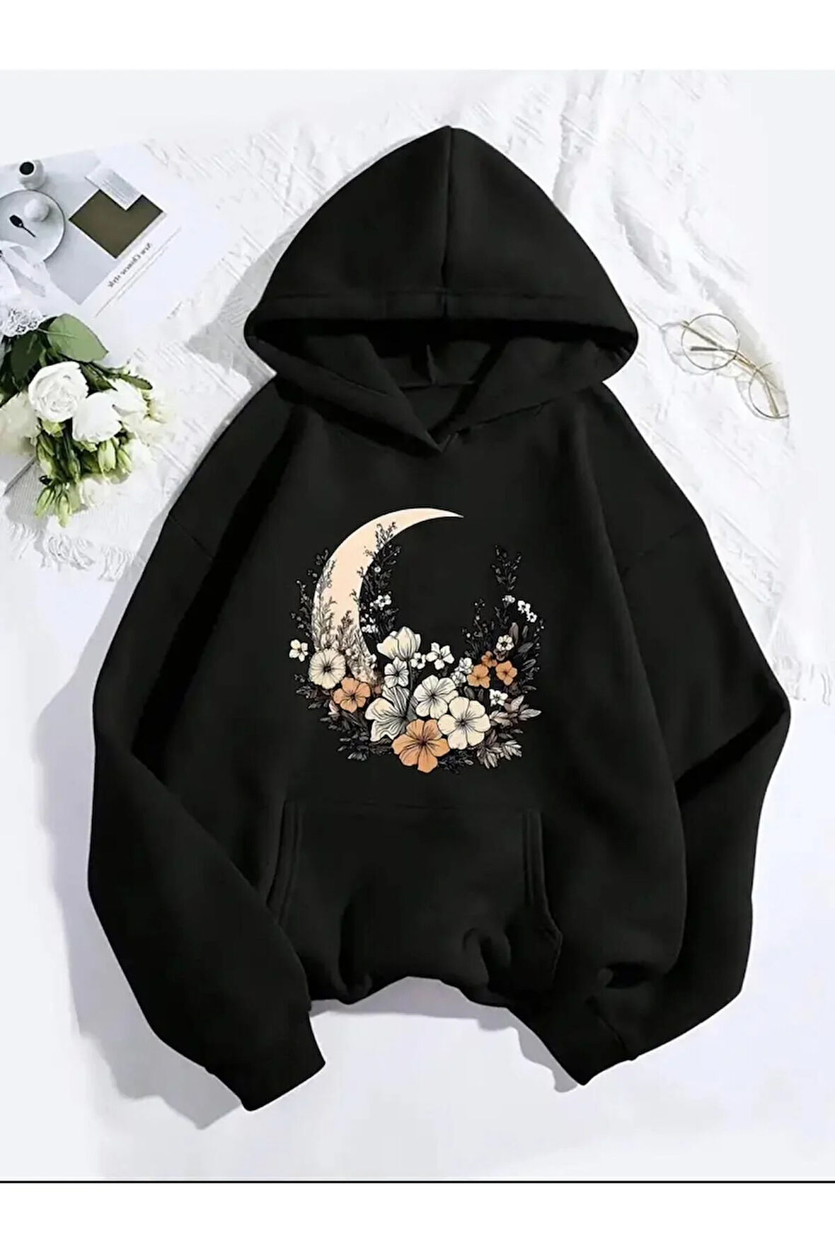 Çiçekli Ay Deseni İçi yünlü Oversize 2 İplik Şardonlu Sweatshirt