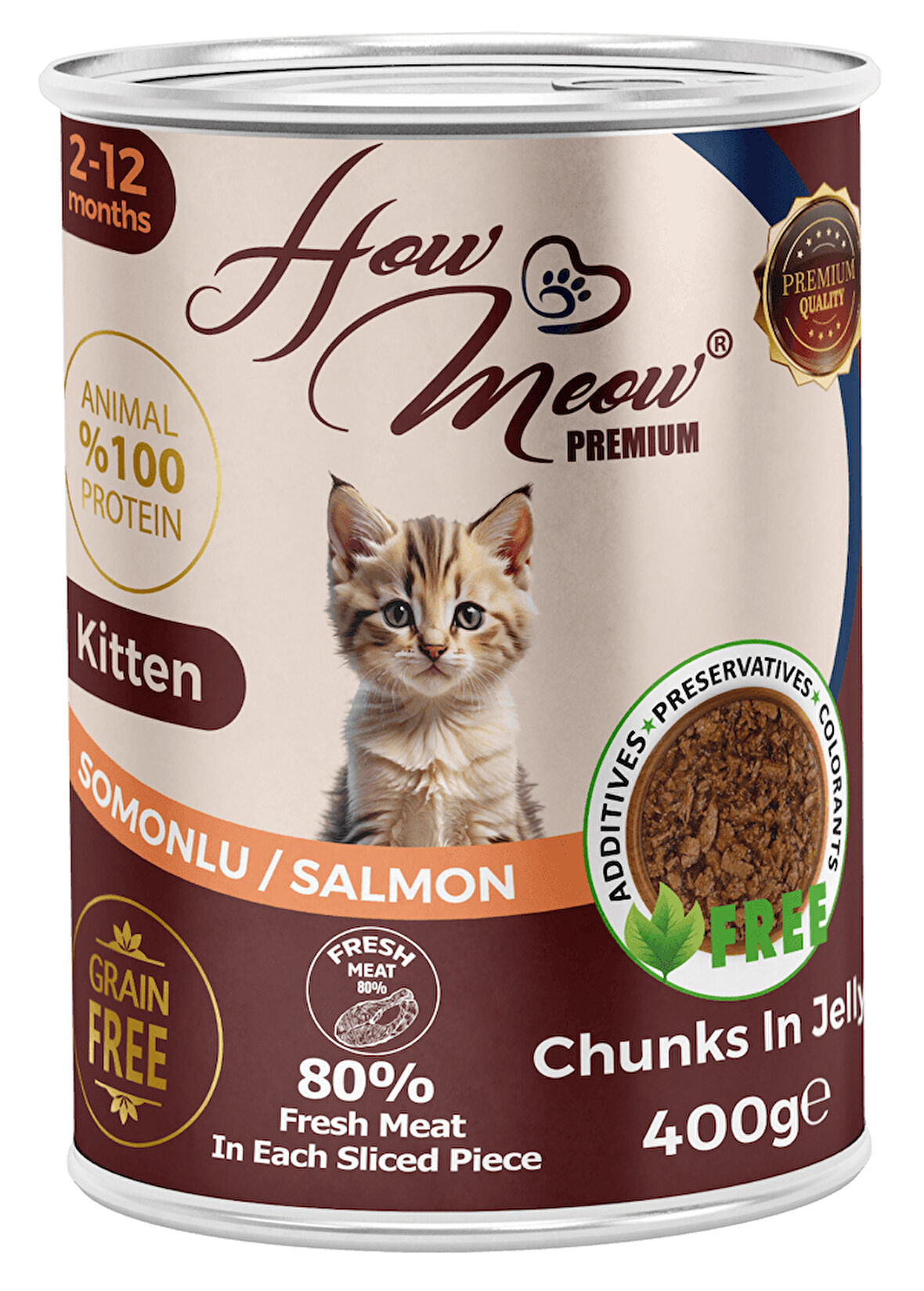 HOW MEOW 12 ADET JÖLELİ PARÇA ETLİ YAVRU KEDİ YAŞ MAMASI SOMONLU 400 GRAM