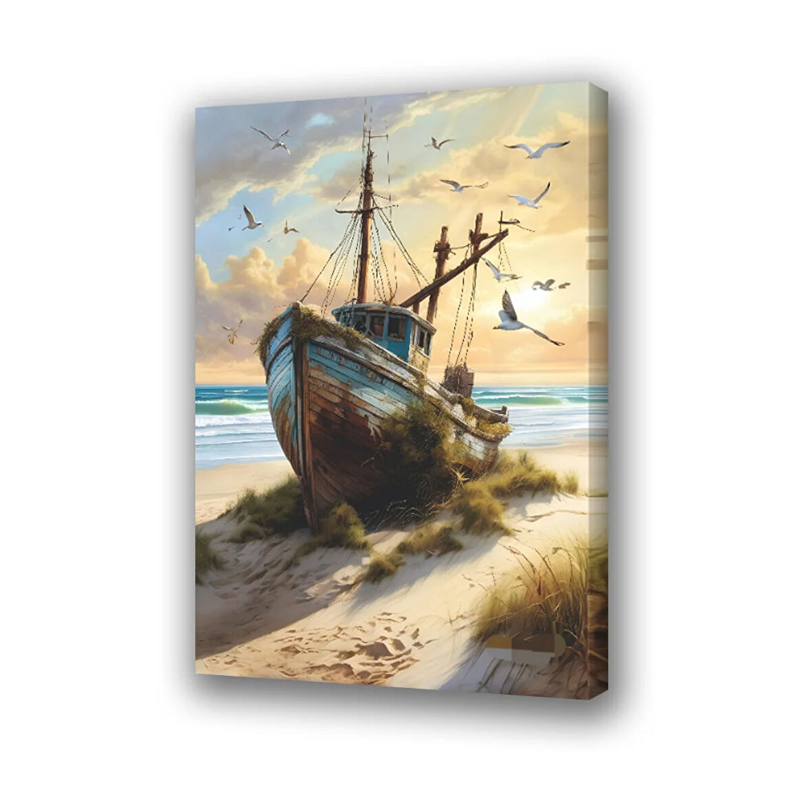 eski tekne kuşlar sahil plaj baskılı kanvas duvar tablosu