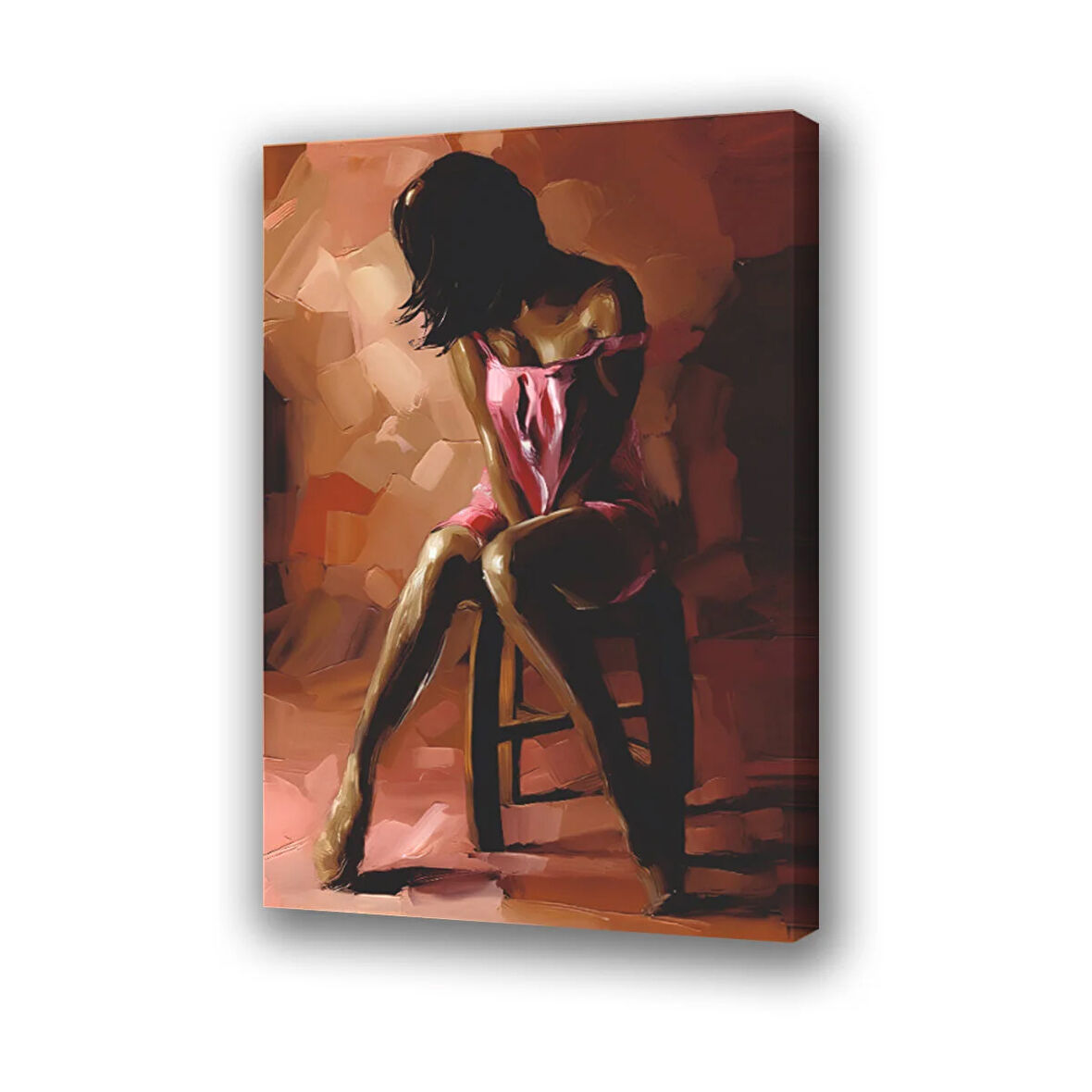 pembe elbiseli kadın sandalye baskılı kanvas duvar tablosu