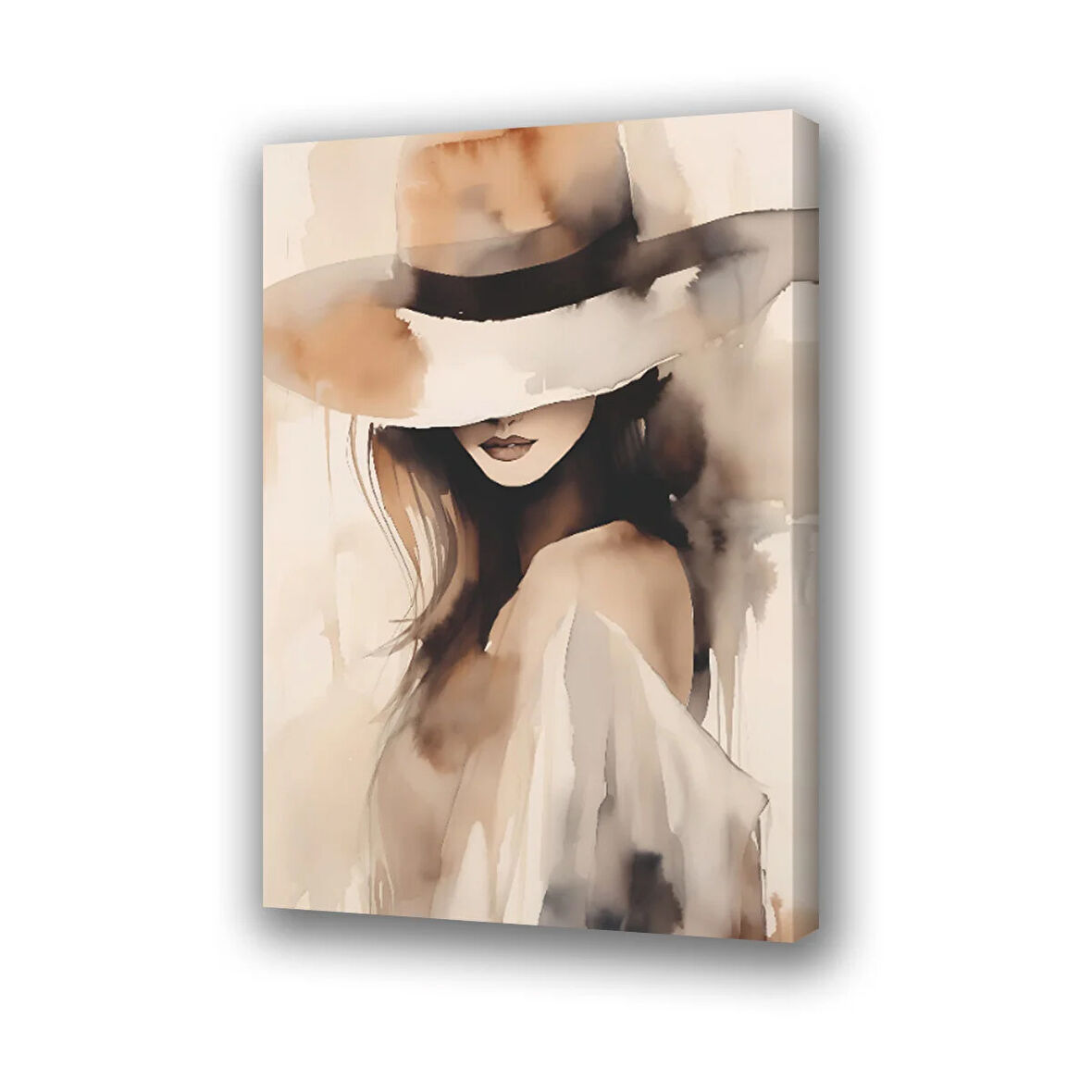 kadın şapka sulu boya görünümlü baskılı kanvas duvar tablosu
