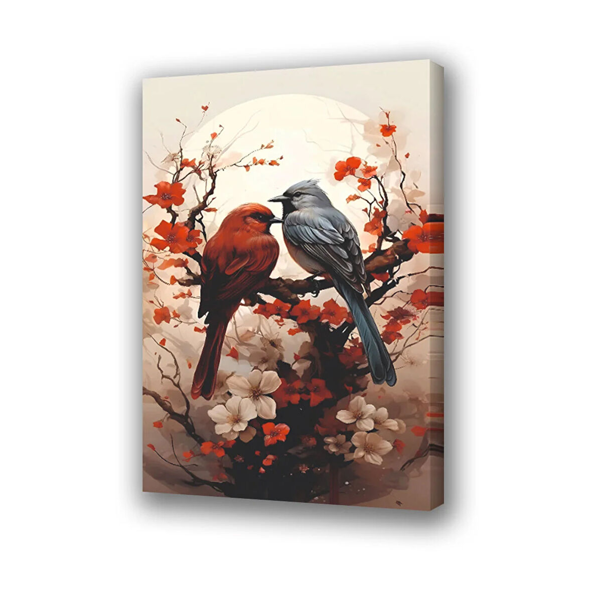 ağaç dalında 2 kuş baskılı kanvas duvar tablosu