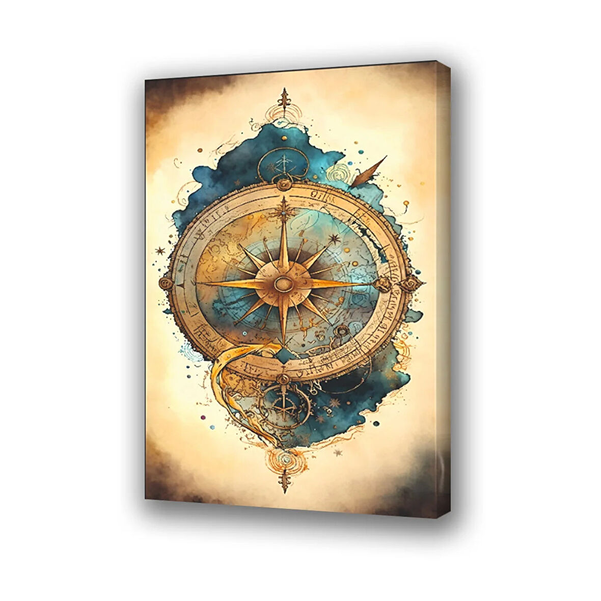 pusula sulu boya efekti baskılı kanvas duvar tablosu