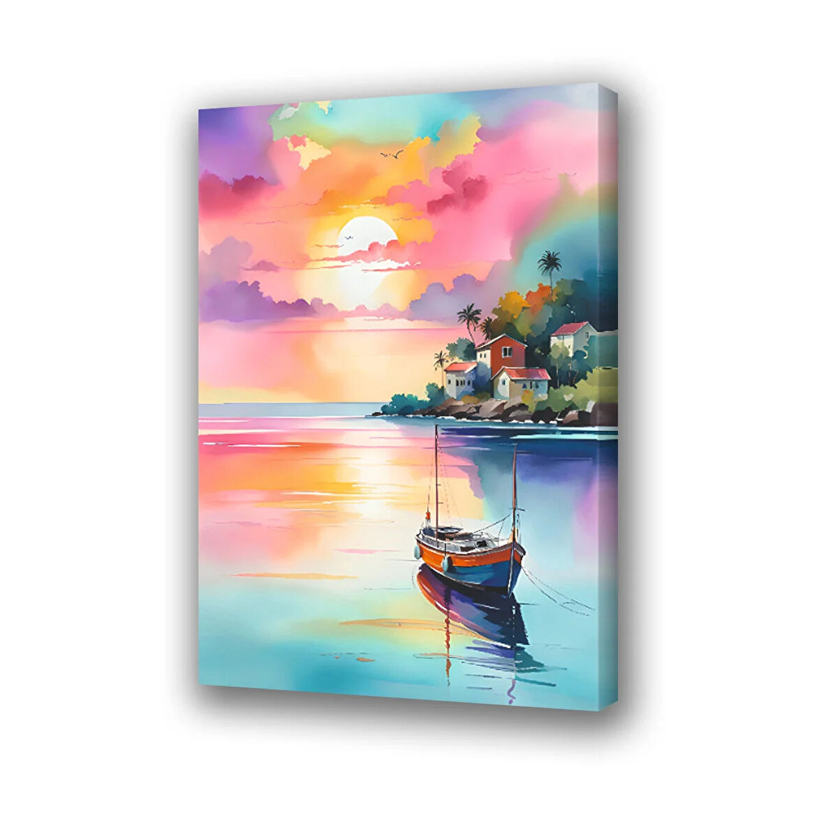 deniz gün batımı evler baskılı kanvas duvar tablosu