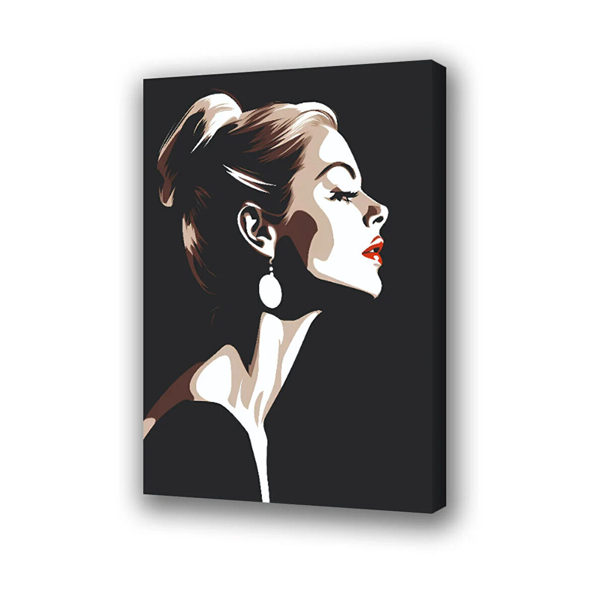 siyah zemin üzerine kadın suratı baskılı kanvas duvar tablosu