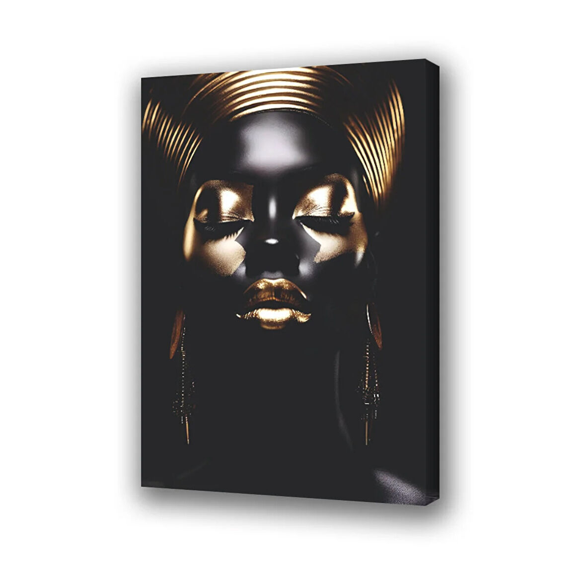 altın makyajlı siyah kadın baskılı kanvas duvar tablosu