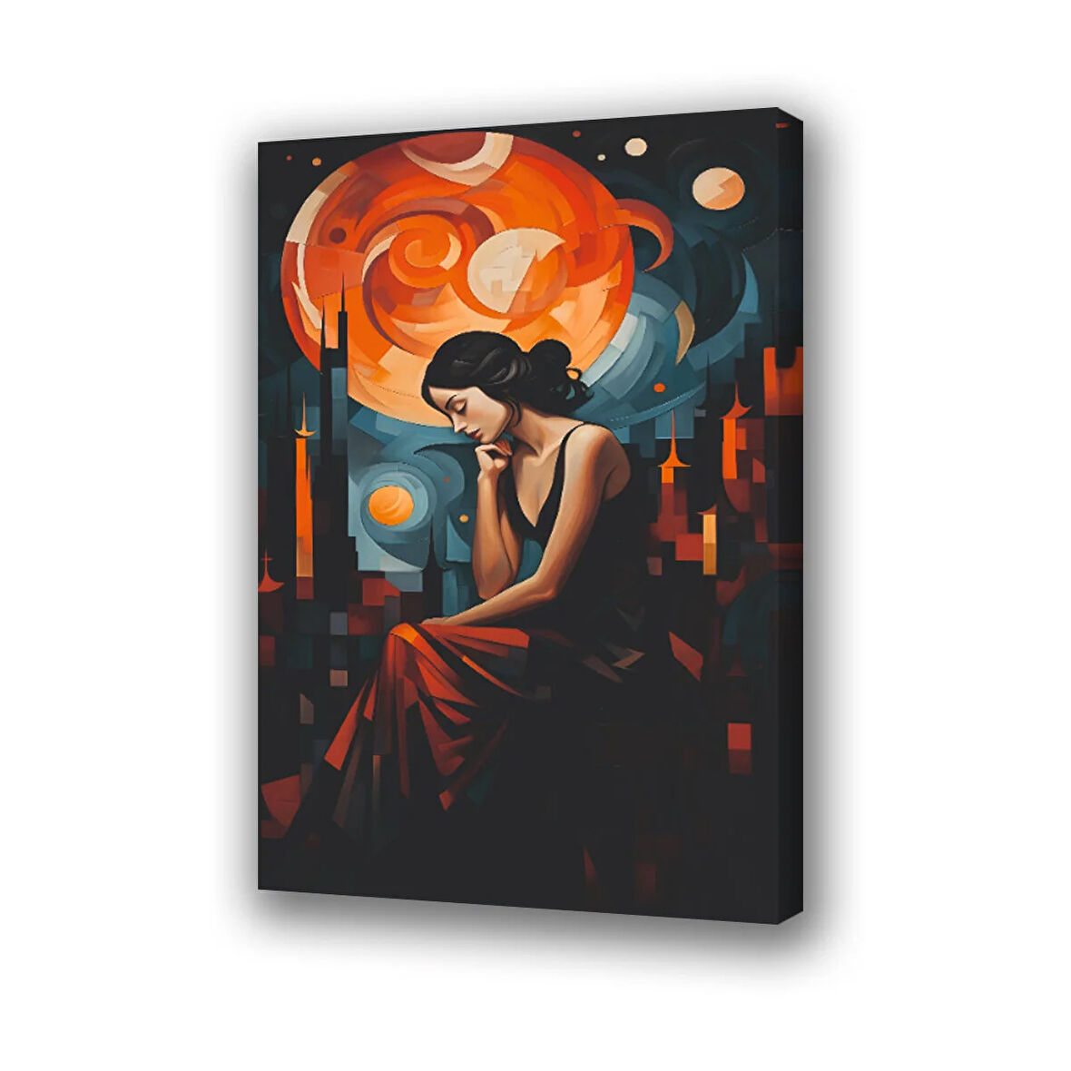 Kadın şehir binalar desenli baskılı kanvas duvar tablosu