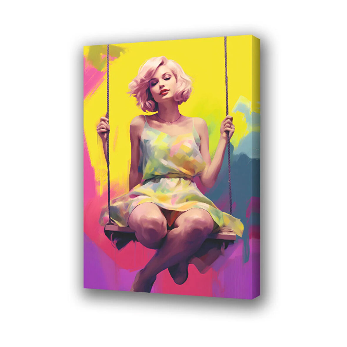 sarışın kadın salıncak baskılı kanvas duvar tablosu