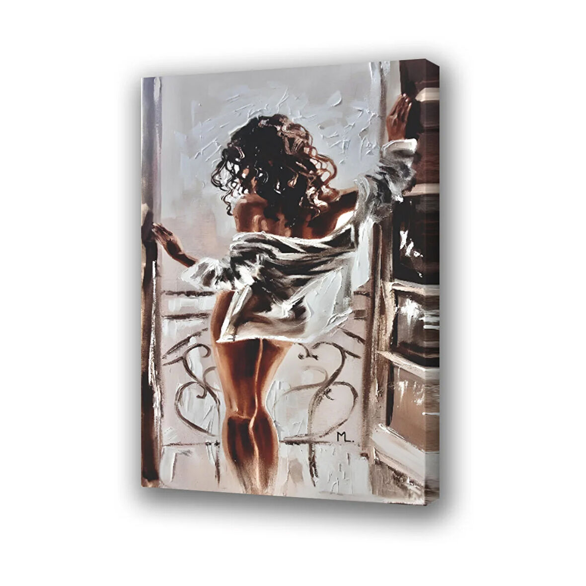 kadın balkondan bakan baskılı kanvas duvar tablosu