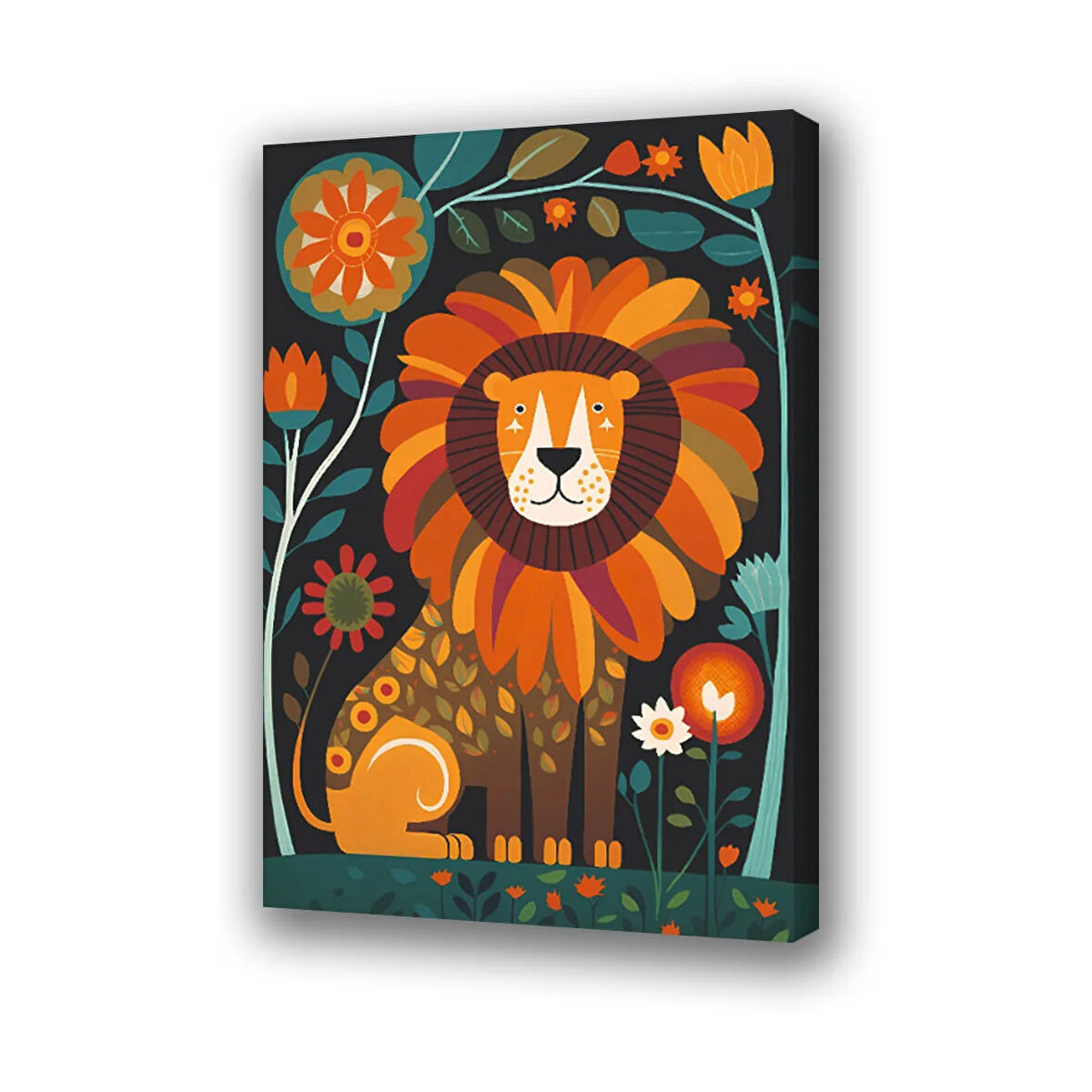 aslan çiçek baskılı kanvas duvar tablosu