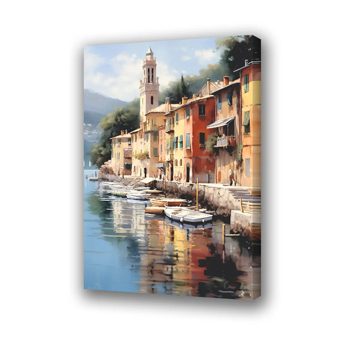 sahil tekne evler deniz manzara baskılı kanvas duvar tablosu