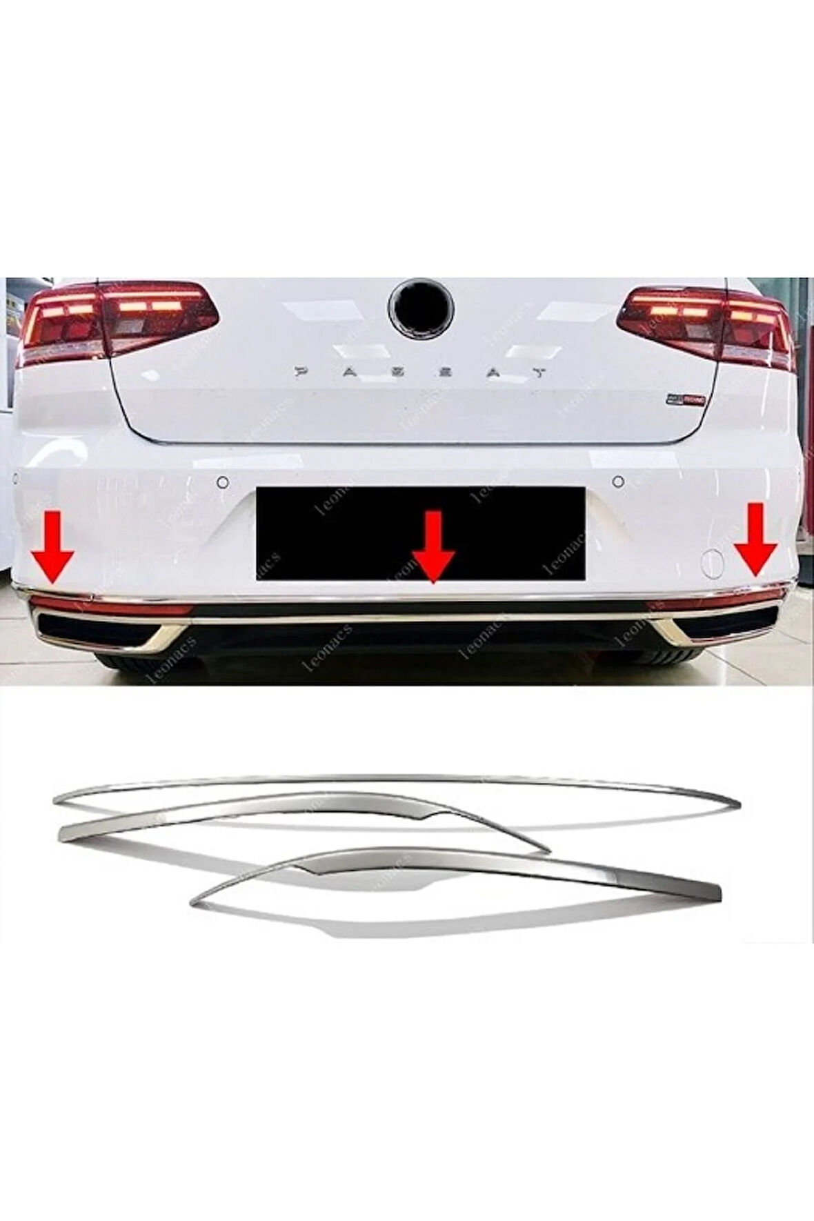 VW Passat B8,5 Krom Arka Tampon Alt Çıta 3 Parça 2019> Paslanmaz Çelik