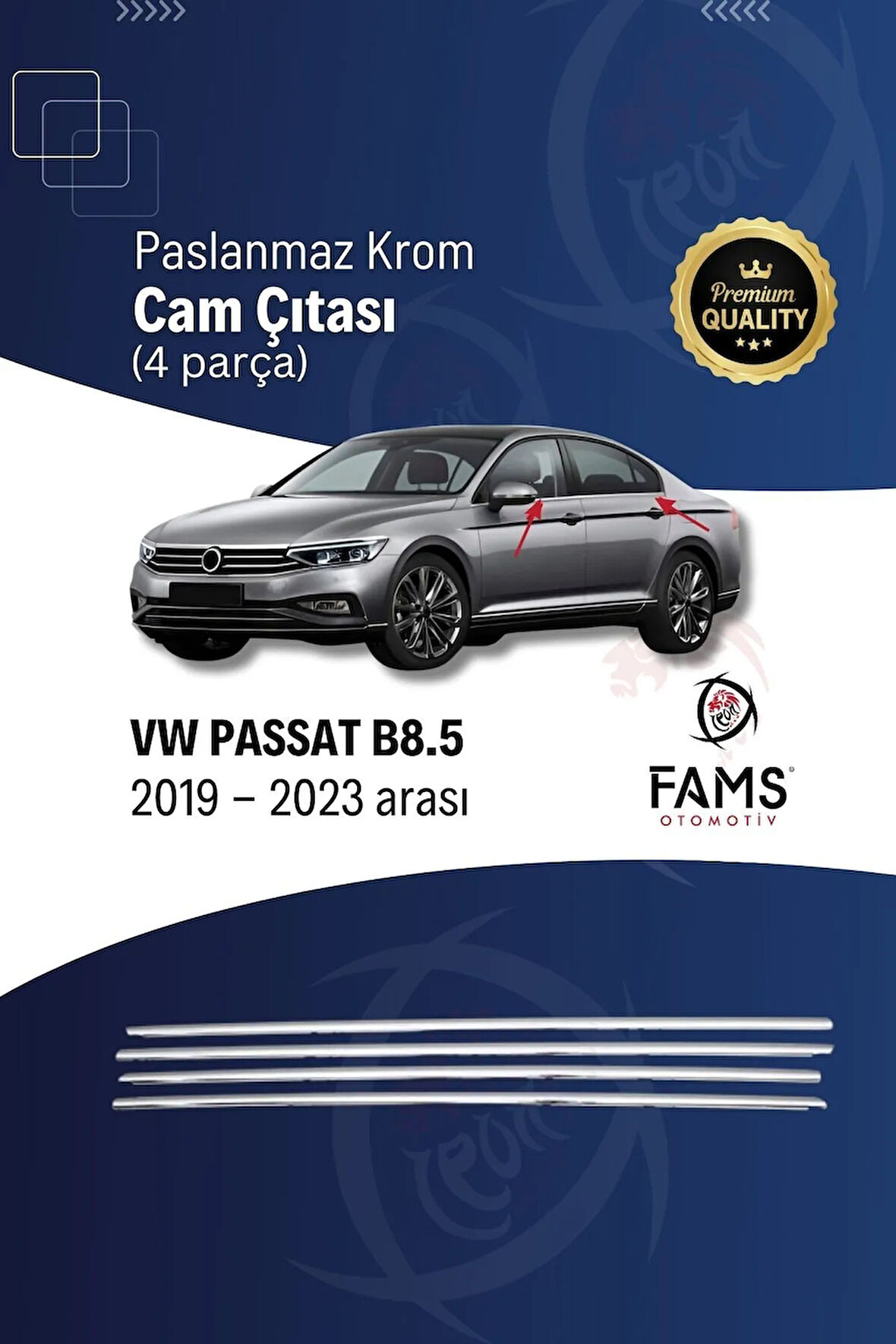Vw Passat B8.5 Krom Cam Çıtası 4 Parça 2019- 2023 Arası Paslanmaz Çelik