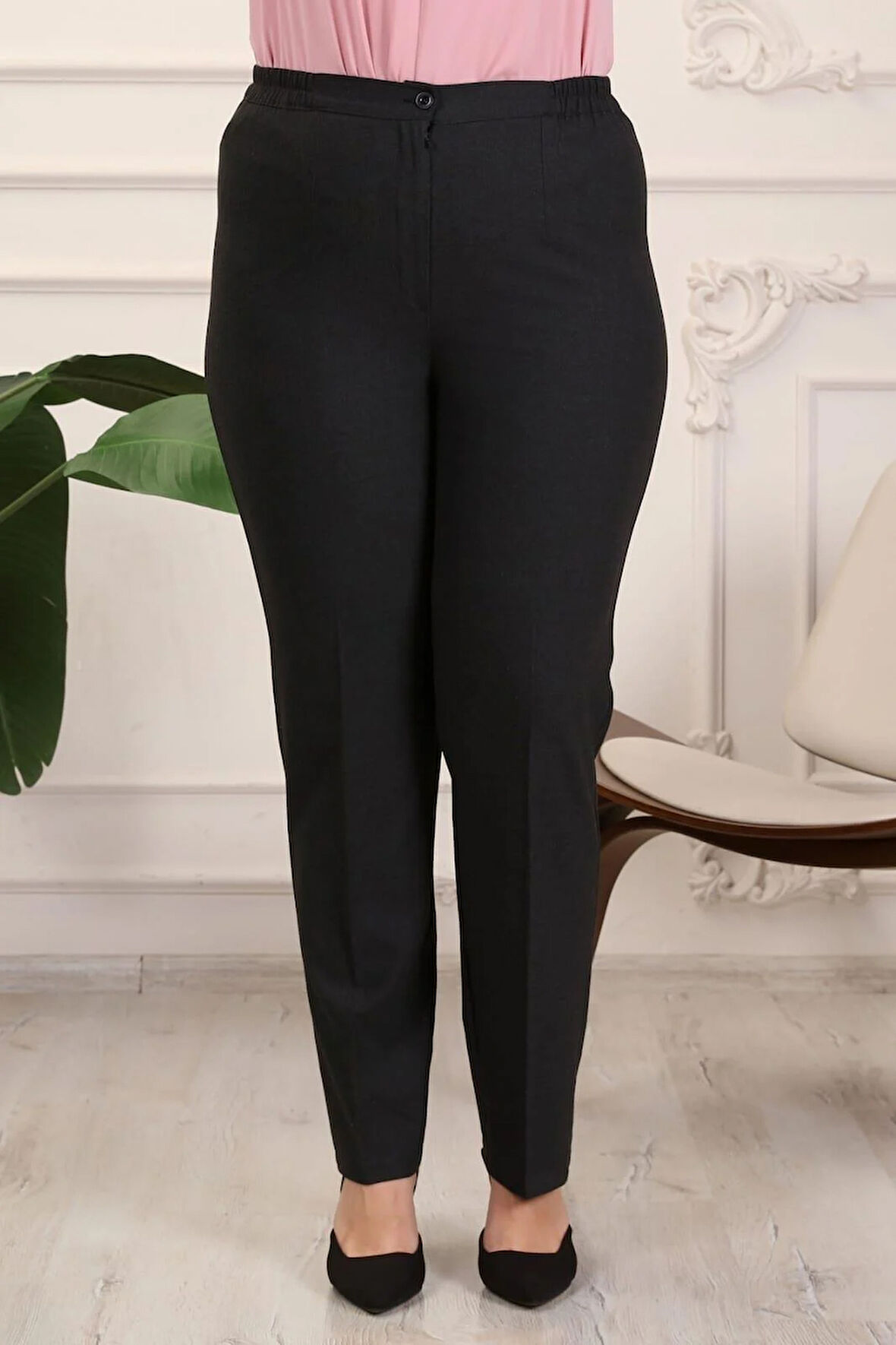 Gabardin Kumaş Siyah Büyük Beden Yan Lastikli Pantolon