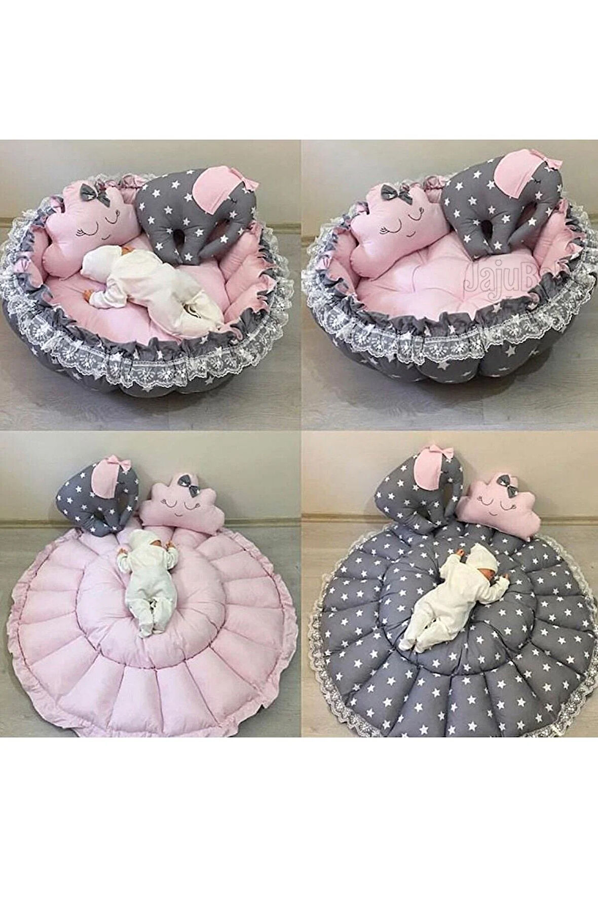 Nest Gri Pembe Kombin Açılır Kapanır Oyun Minderi Jaju-babynest Anne Yanı Bebek Yatağı