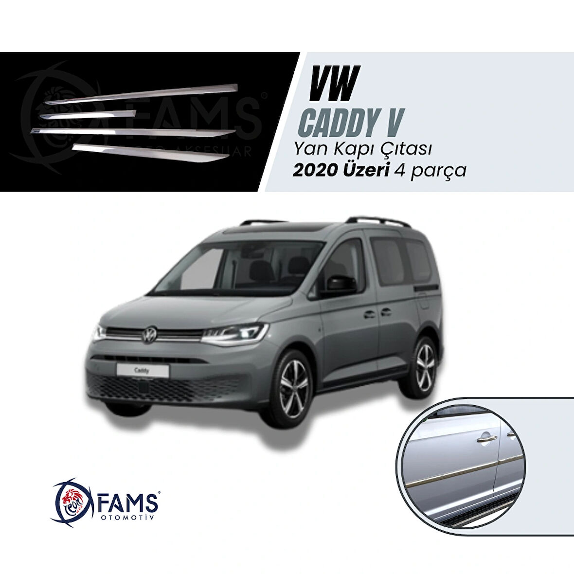 VW CADDY V 2020 Üzeri Krom Yan Kapı Çıtası 4 kapı Paslanmaz Çelik 