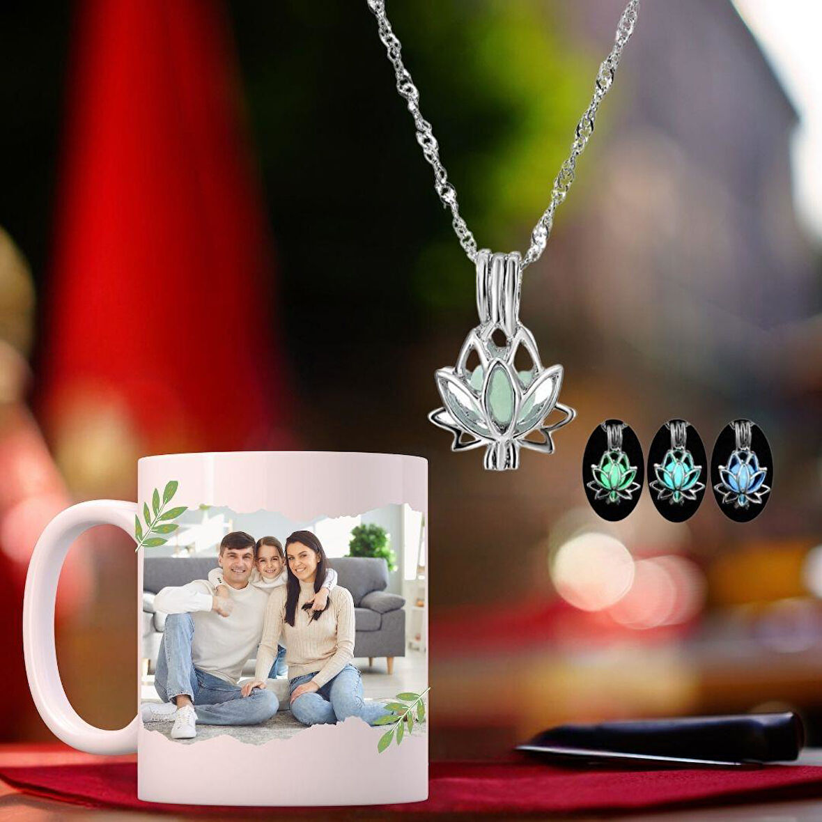 Kişiye Özel Love Temalı Bardak ve  Gece Parlayan Lotus Çiçeği Kolye Hediye Seti