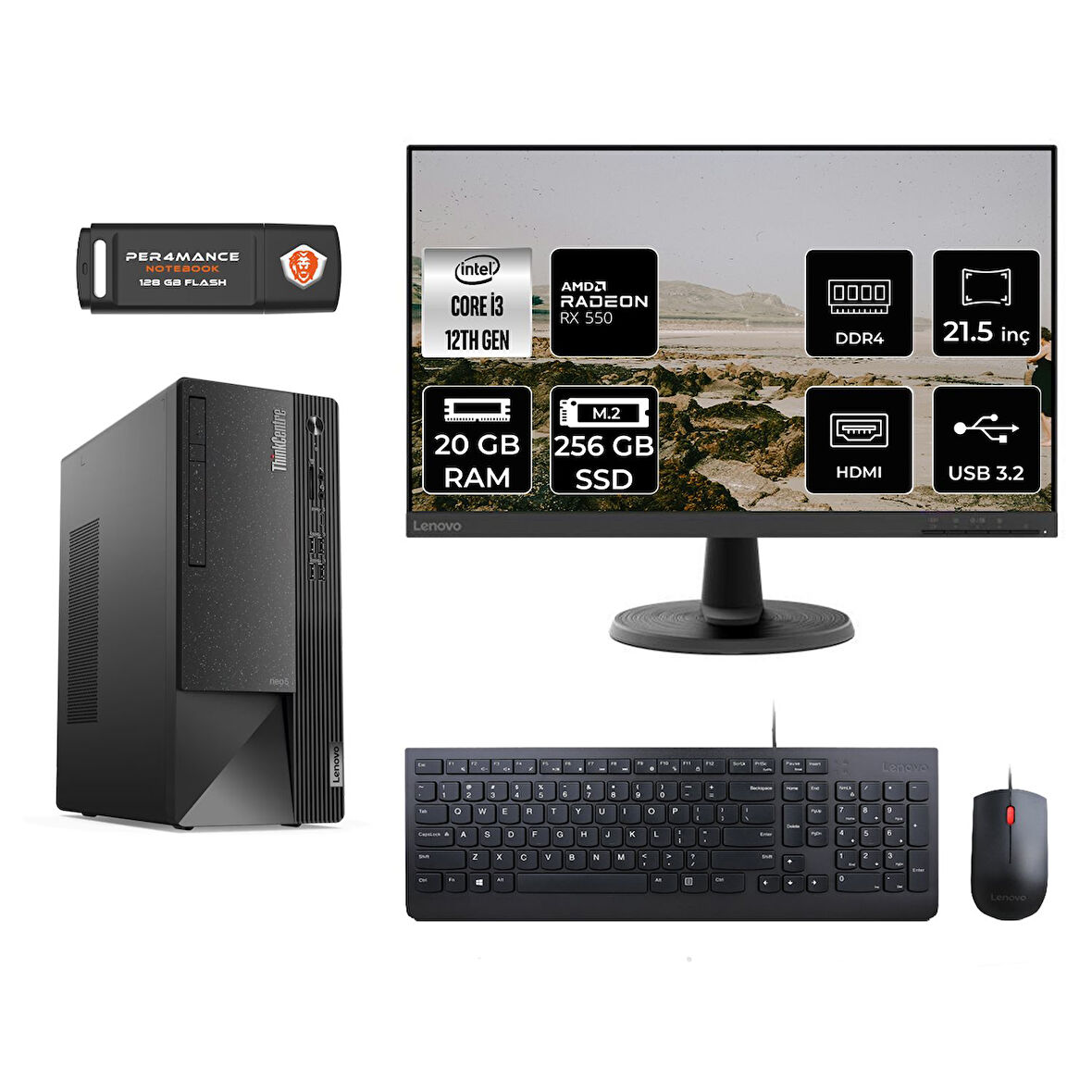 LENOVO Neo 50T M01ATXD166 i3 12100 20GB RAM 256GB SSD RX550 4GB 21.5" FDOS MASAÜSTÜ PC
