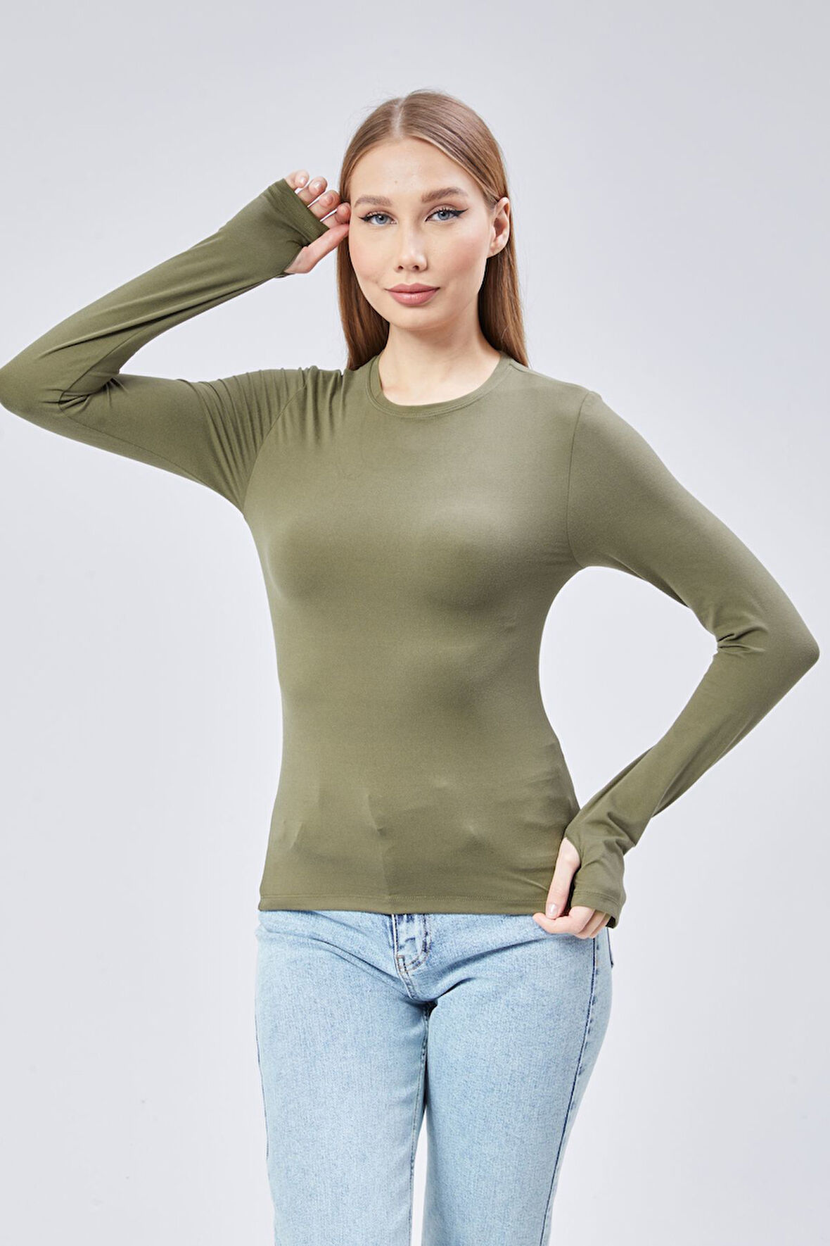 Basic Bisiklet Yaka Uzun Kollu Slim Fit Kadın Body T-shirt