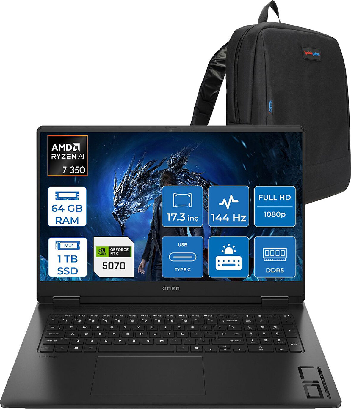 Hp Omen 17-DB1005NT Amd Ryzen Aı 7 350 64GB Ddr5 1tb SSD RTX5070 8gb Gddr7 17.3 Inç Fullhd (1920 x 1080) 144Hz 7ms 300NITS IPS Freedos Taşınabilir Bilgisayar C67G2EAF32 + Zetta Çanta