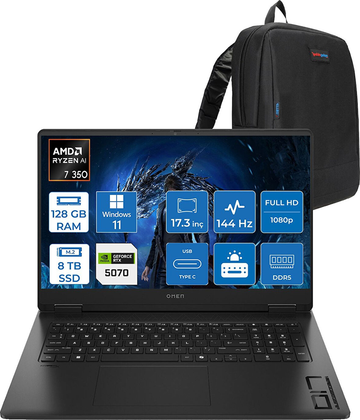 Hp Omen 17-DB1005NT Amd Ryzen Aı 7 350 128GB Ddr5 8tb SSD RTX5070 8gb Gddr7 17.3 Inç Fullhd (1920 x 1080) 144Hz 7ms 300NITS IPS Windows 11 Pro Taşınabilir Bilgisayar C67G2EAP54 + Zetta Çanta