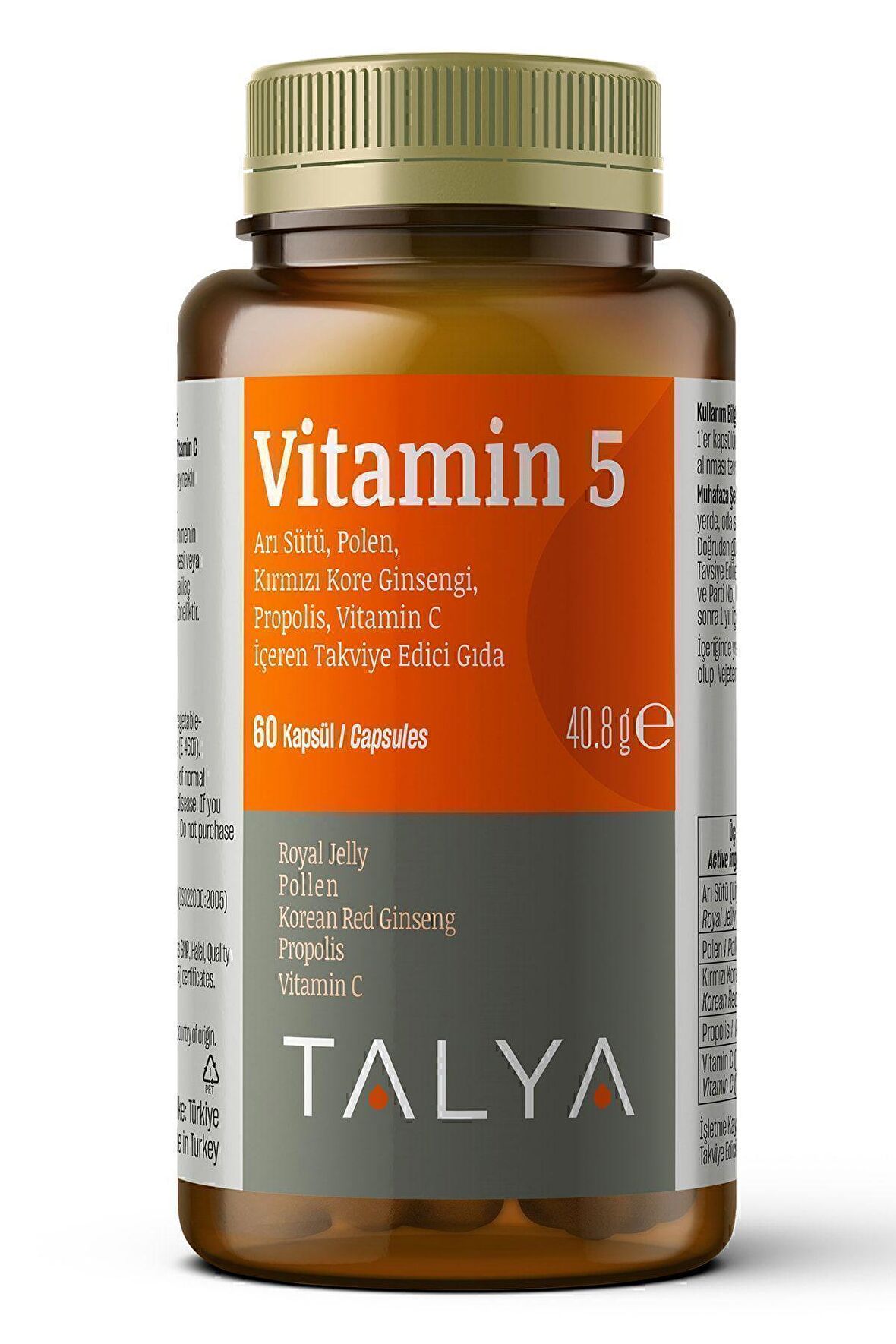 Vitamin 5 Arı Sütü, Polen, Kırmızı Kore Ginsengi, Propolis, Vitamin C Içeren Takviye Edici Gıda