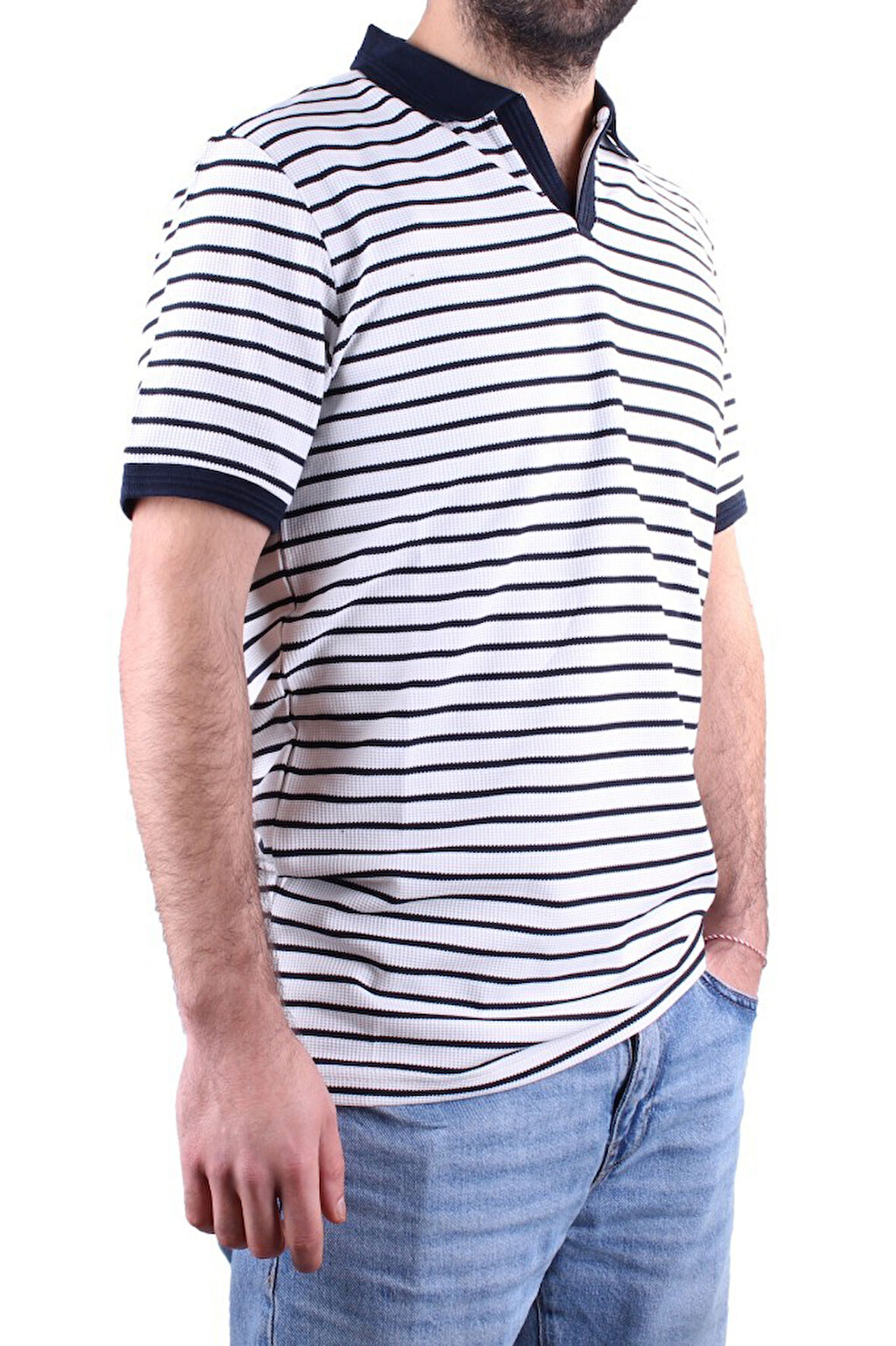 Dagoster DMG23-231237  Beyaz Lacivert Günlük Çizgili Polo Yaka Erkek Tişört