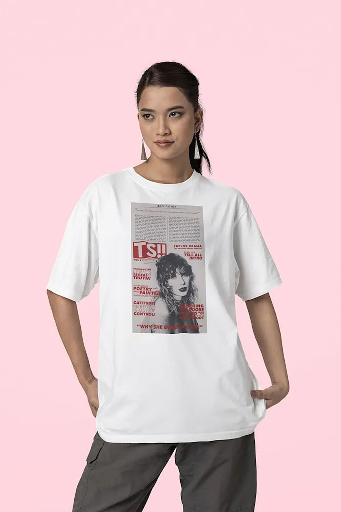 Gazete Temalı Taylor Swift Baskılı Unisex Oversize Şarkıcı Tişört