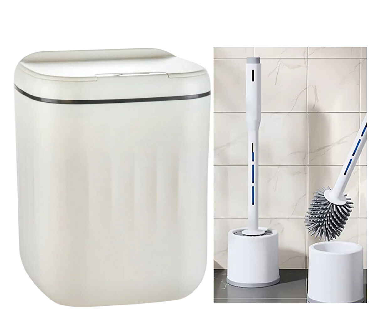Sensörlü Çöp Kovası Antibakteriyel Uv Işıklı 20 Litre + Deterjan hazneli Beyaz Silikon Klozet Fırçası-BYS