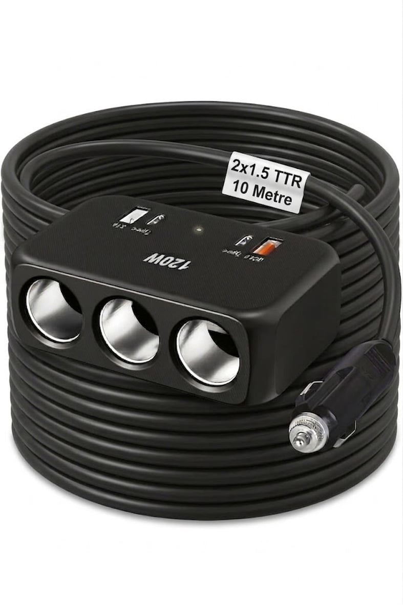 Araç Çakmak Uzatma Kablosu Çakmaklık Çoklayıcı USB,Type-C çıkışlı Hızlı Şarj 12-24V/10A/120W 2 X1,5mm TTR Bakır 10Mt