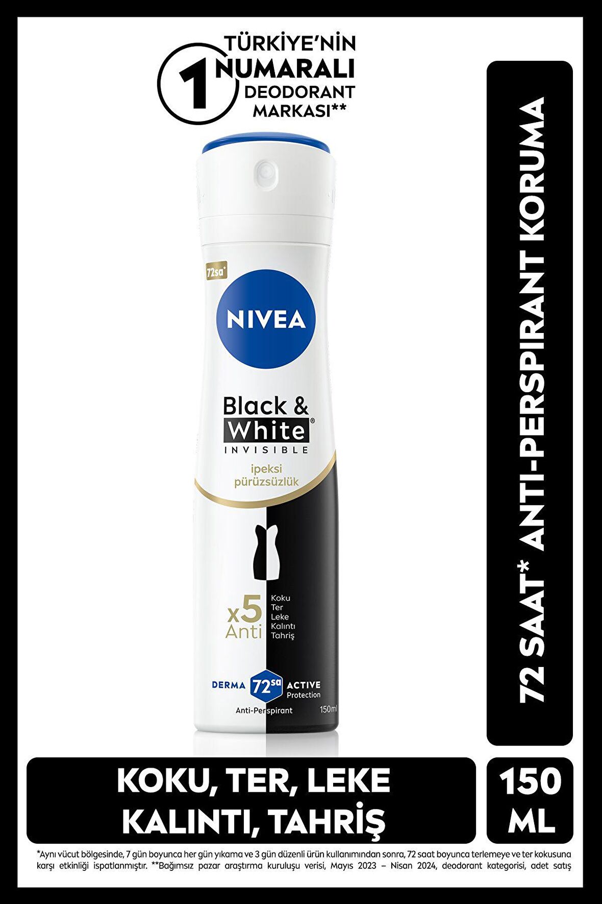 Nivea Kadın Sprey Deodorant Black&White Invisible İpeksi Pürüzsüz 150ml, 72Saat Anti-perspirant Ter Koruma