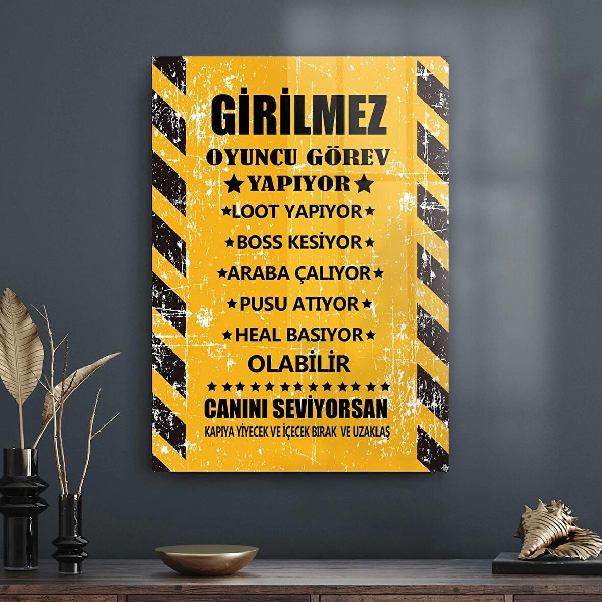 Decovetro Cam Tablo Gamer Eskitilmiş Uyarı Yazılı