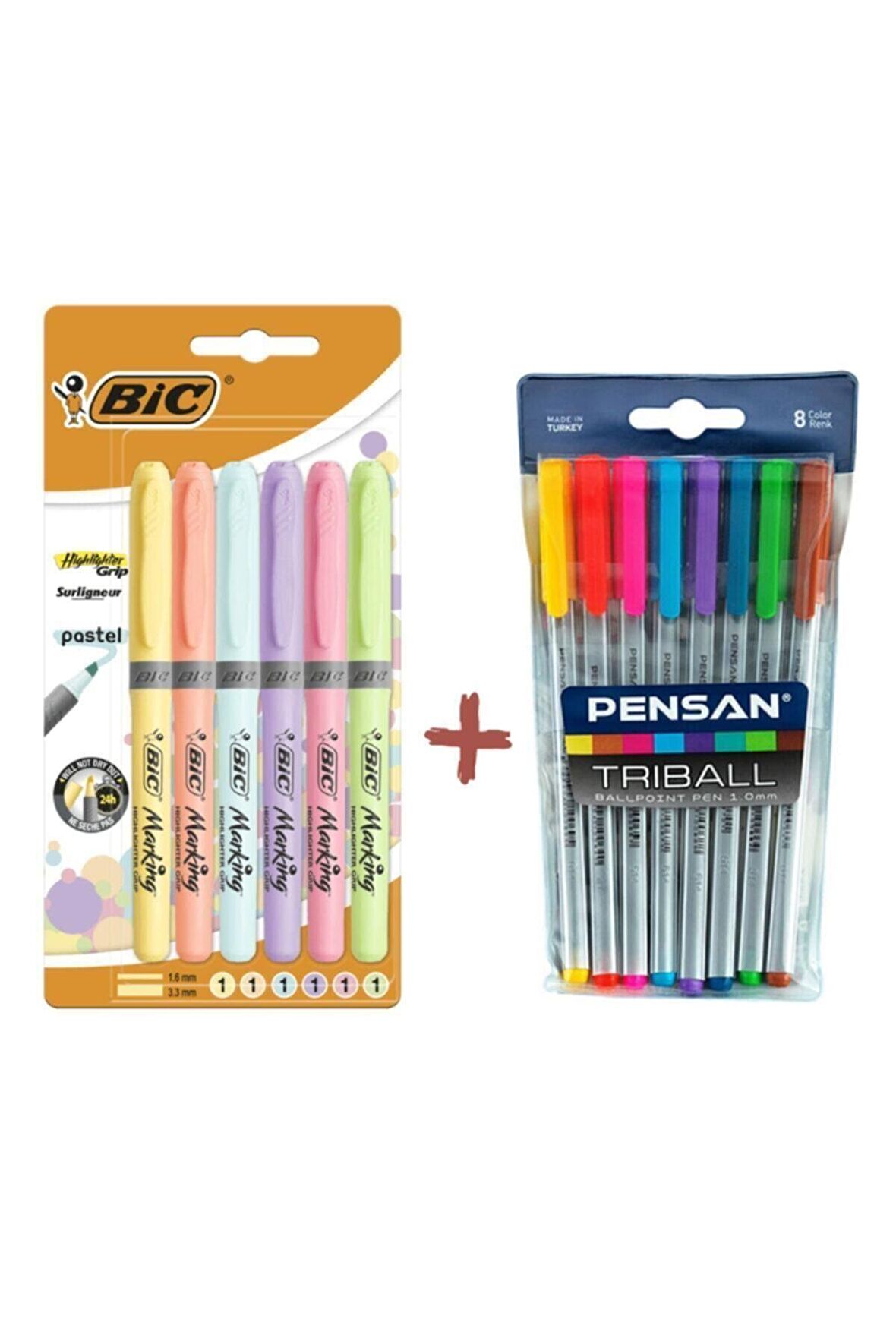 Pensan Triball Tük. Kalem 8'li + Bic Pastel Fosforlu Kalem 6'lı