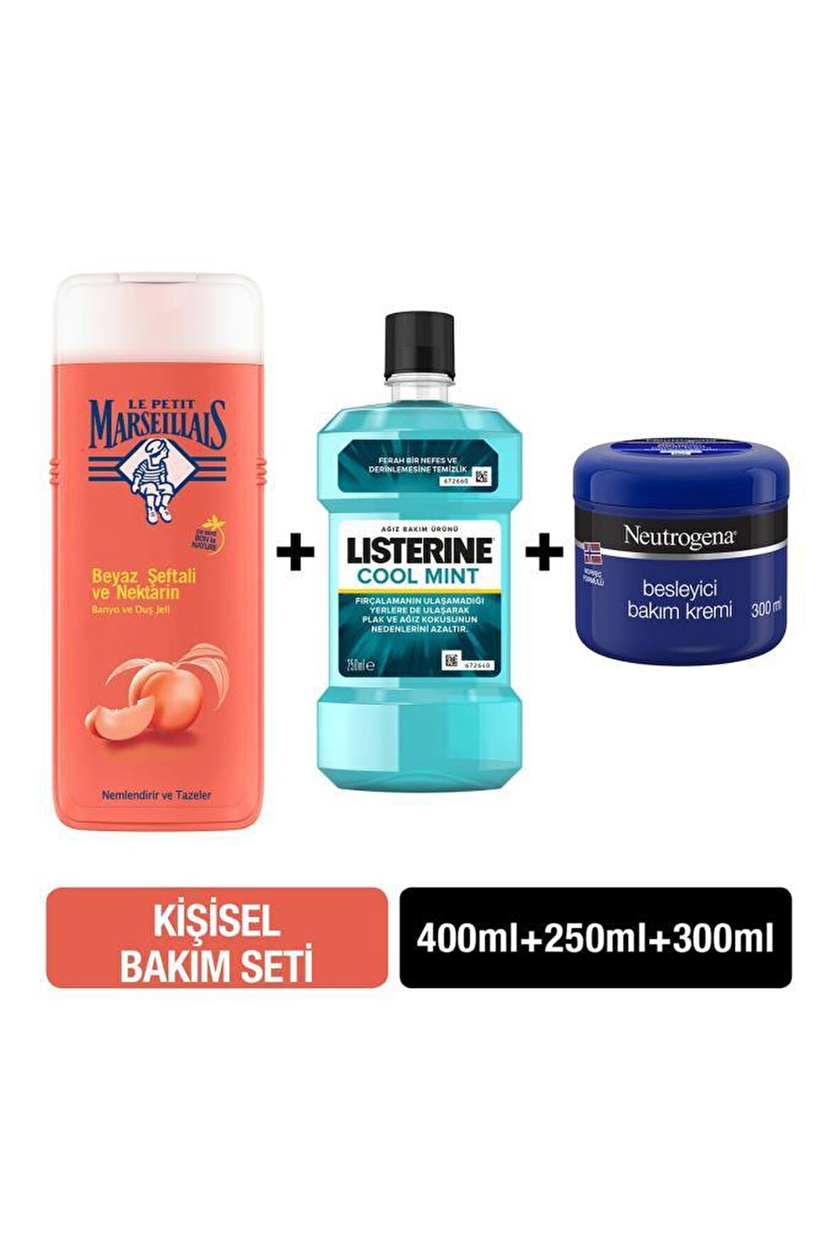 Le Petit Marseillais Beyaz Şeftali ve Nektarin Aromalı Nemlendirici Tüm Ciltler İçin Kalıcı Kokulu Duş Jeli 400 ml + Neutrogena Besleyici Bakım Kremi 300 ml + Listerine Cool Mint 250 ml
