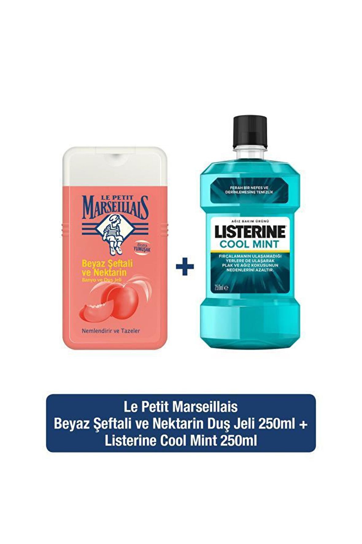 Beyaz Şeftali ve Nektarin Aromalı Nemlendirici Tüm Ciltler İçin Kalıcı Kokulu Duş Jeli 250 ml + Listerine Cool Mint 250 ml