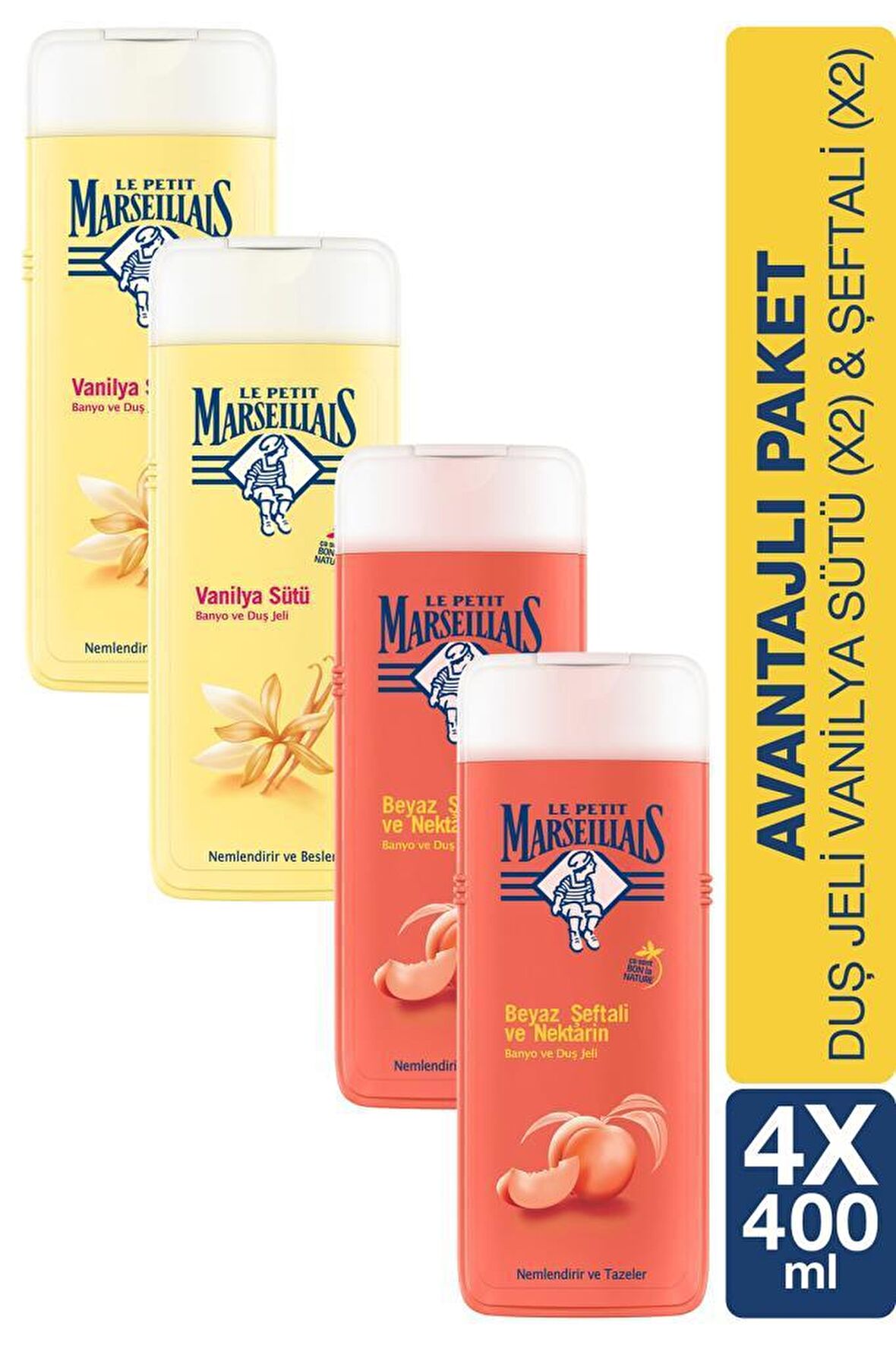 Le Petit Marseillais Vanilya Sütü & Beyaz Şeftali Aromalı Nemlendirici Tüm Ciltler İçin Kalıcı Kokulu Duş Jeli 4 x 400 ml
