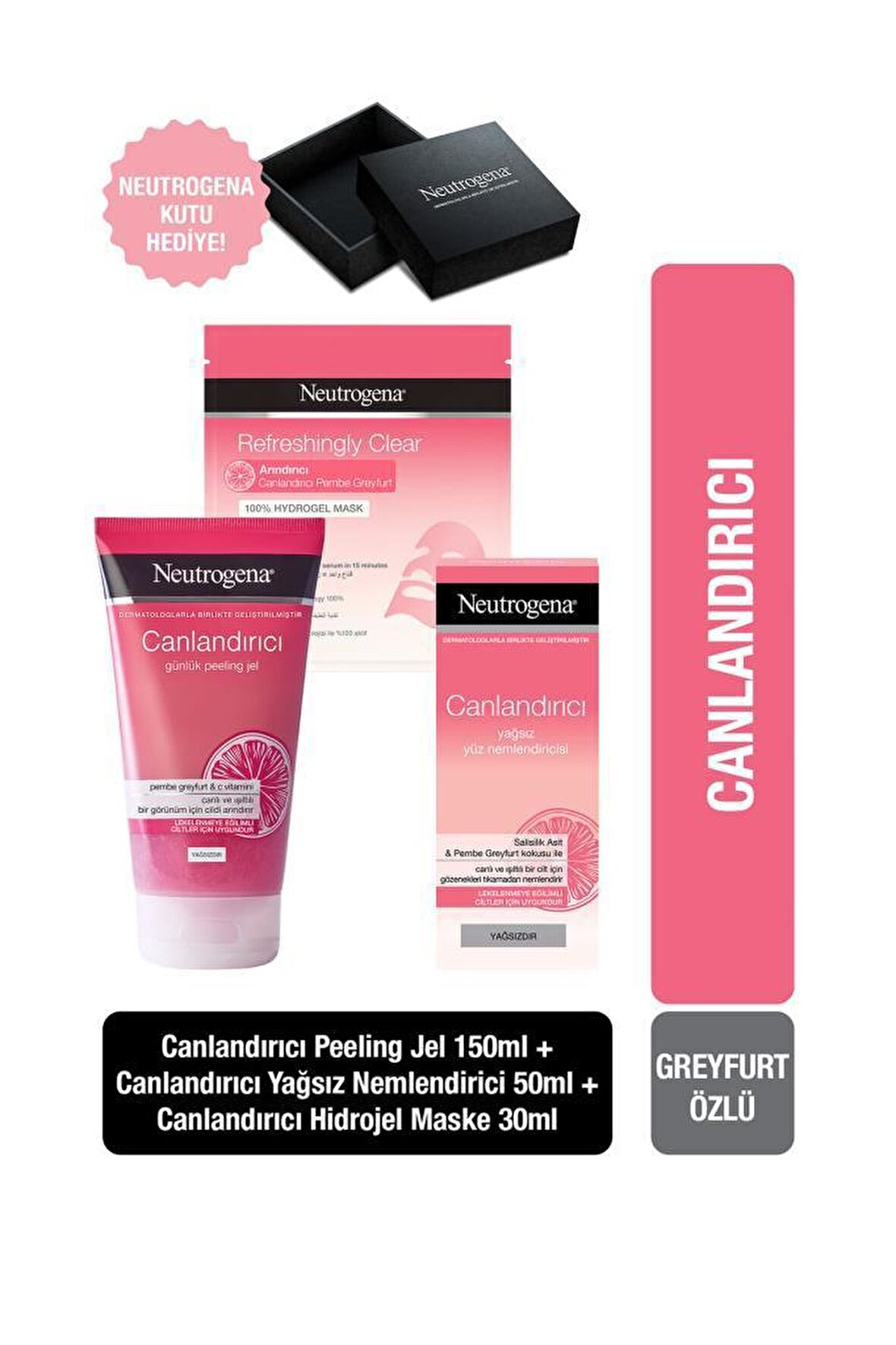 Neutrogena pembe greyfurt peeling jel 150 ml + pembe greyfurt nemlendirici 50 ml + canlandırıcı maske + siyah kutu hediyeli