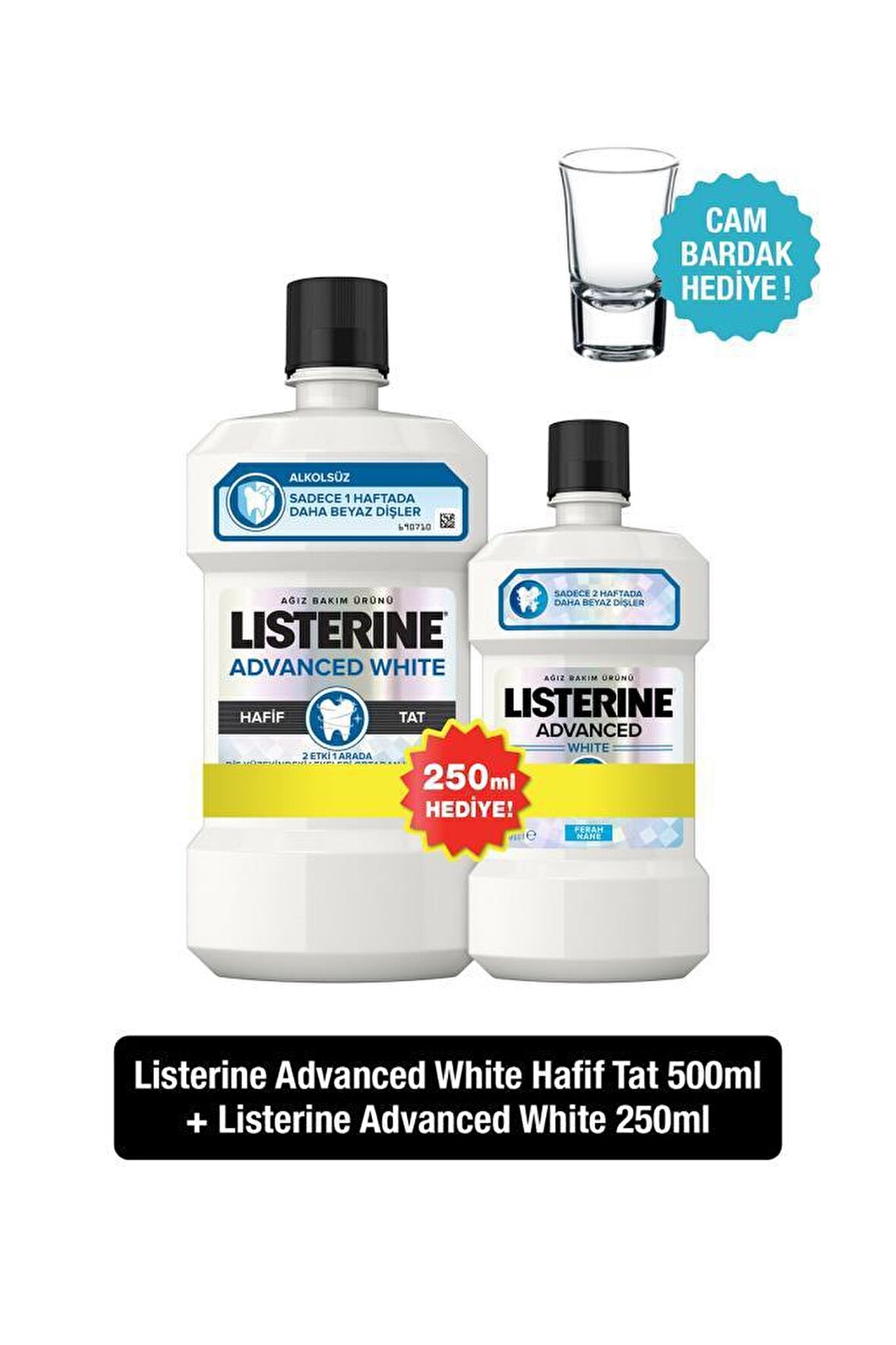 Listerine Advanced White Hafif Tat Ağız Bakım Suyu 500+250 ml & Bardak Hediyeli