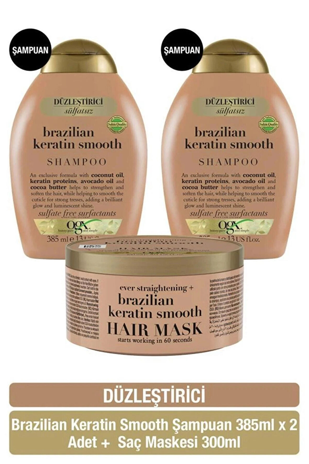 OGX Düzleştirici Brazilian Keratin Smooth şampuan x2 + saç maskesi