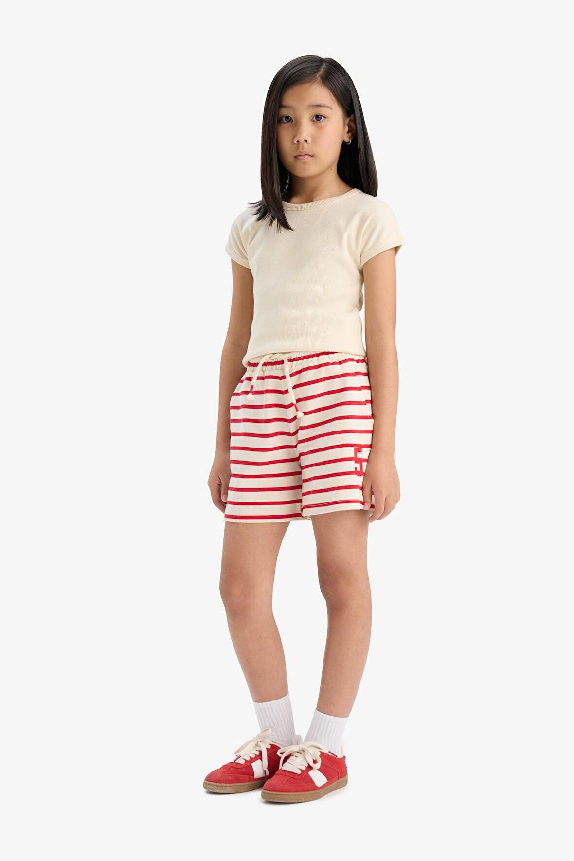 Kız Çocuk Beli Lastikli Çizgili Şort