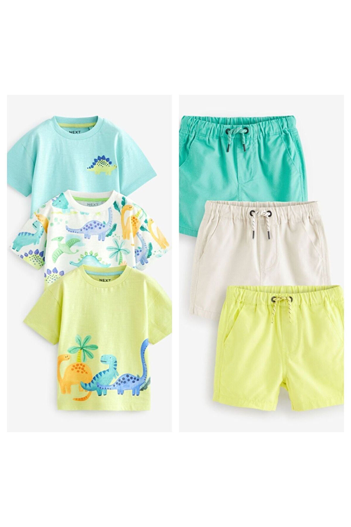 Next Baby % 100 Pamuklu Yeşil Dinazor Desenli Kısa Kollu Tshirt Şort 3’lü Alt Üst Takım