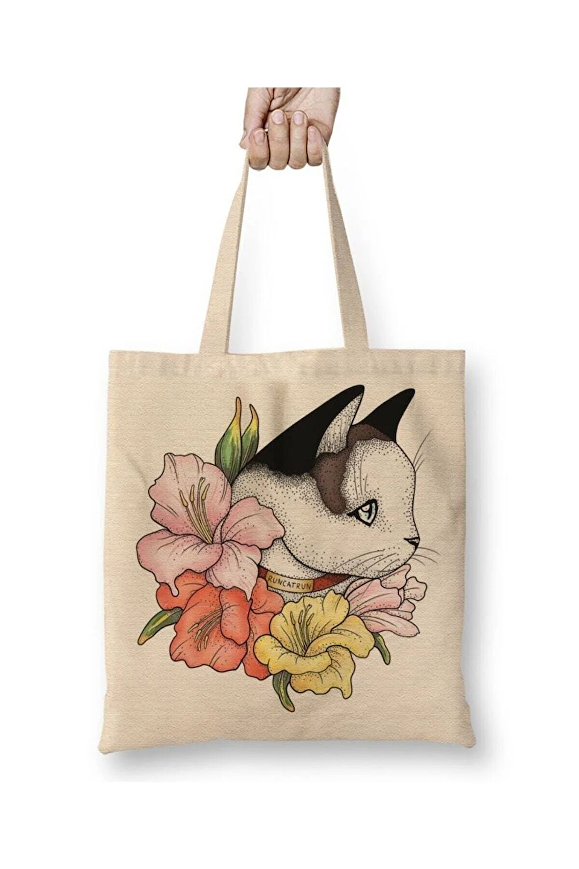 Cat Portrait In Gladiolus Flowers Pink Edition KediBeyaz Bez Çanta