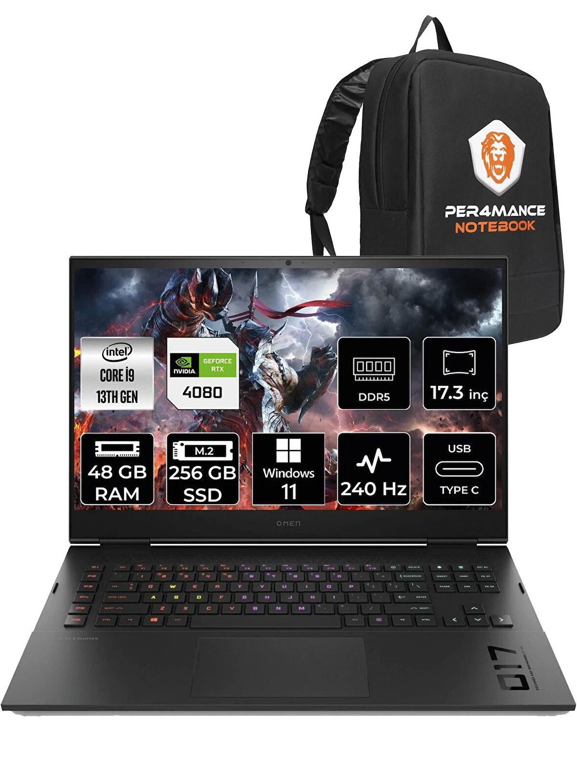 HP OMEN 17 i9 13900HX 48GB RAM 256GB SSD RTX4080/12GB 240Hz 17.3 QHD W11PRO 7P6D5EA & PER4 ÇANTA