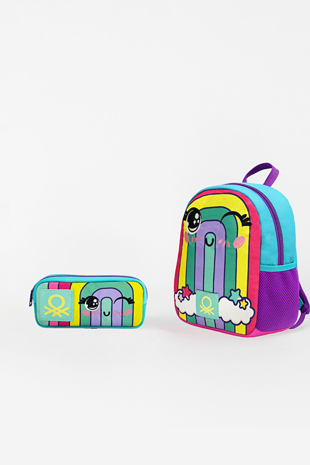 Benetton Gökkuşağı Desenli İkili Anaokul Çantası Seti(Anaokul Sırt Çantası, Çift Gözlü Kalem Kutusu)
