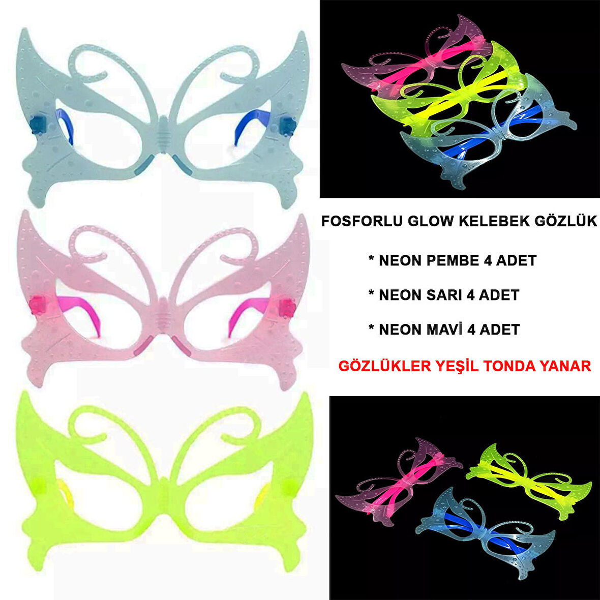 Himarry Fosforlu Kelebek Model Glow Parti Gözlüğü Karanlıkta Yanan Gözlükler 12 Adet