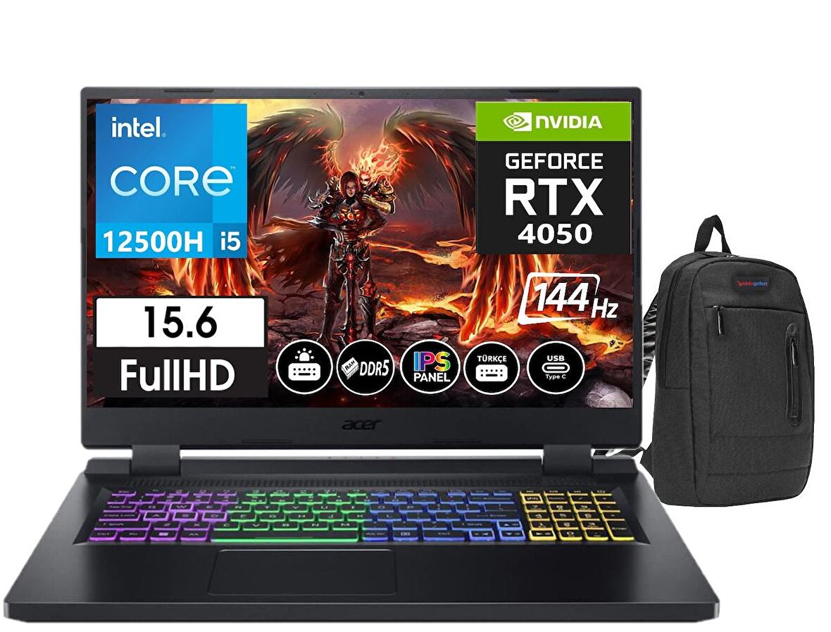 Acer Nitro 5 AN515-58-503P Intel Core I5 12500H 32GB DDR5 Ram 2TB SSD 6GB RTX4050 15.6 İnç 144Hz IPS FHD Freedos Taşınabilir Bilgisayar NHQLZEY00106+ZettaÇanta