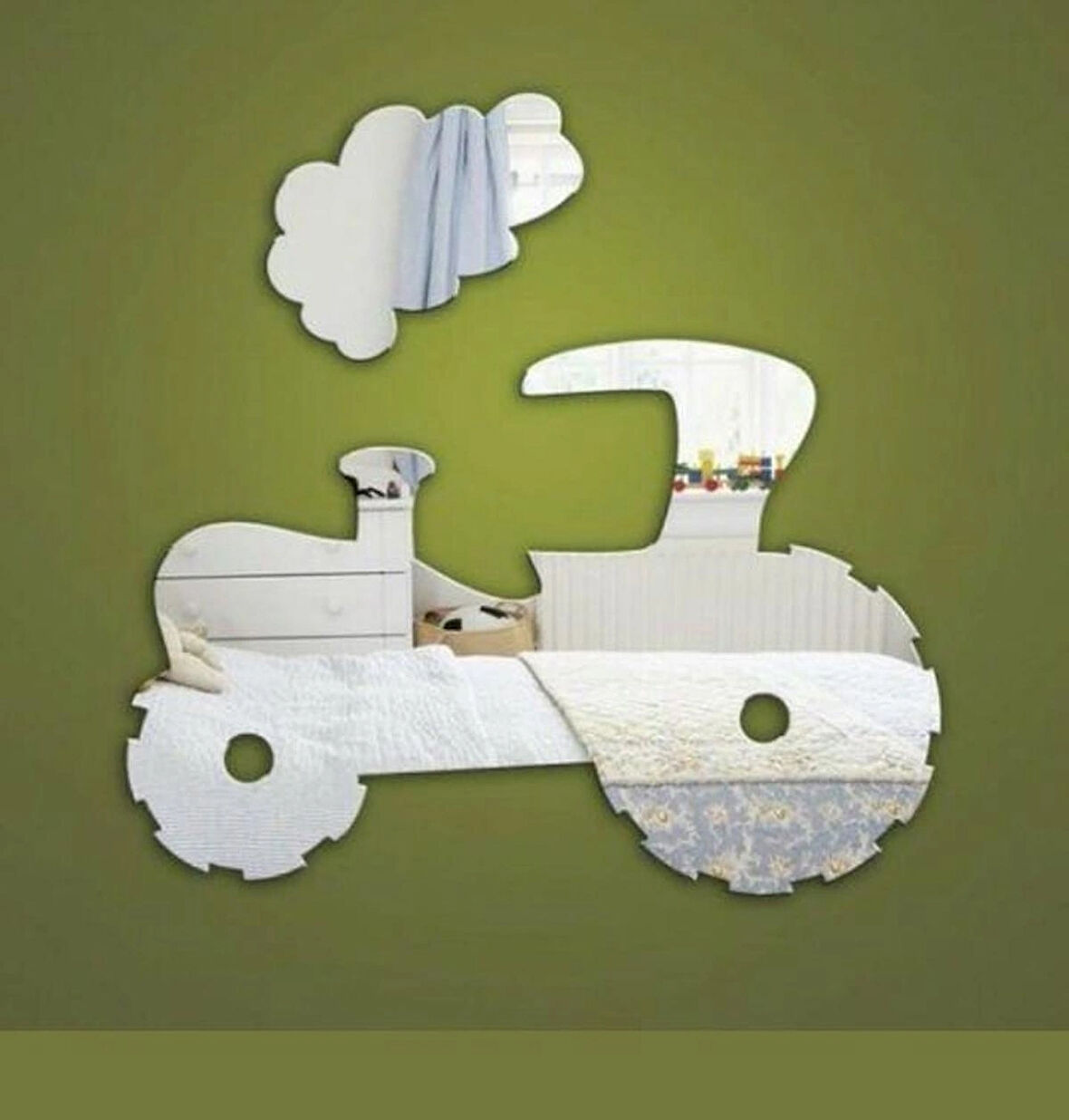 Aynalı Traktör Figürü ve Bulut Duvar Panosu - Kolay Yapışkanlı